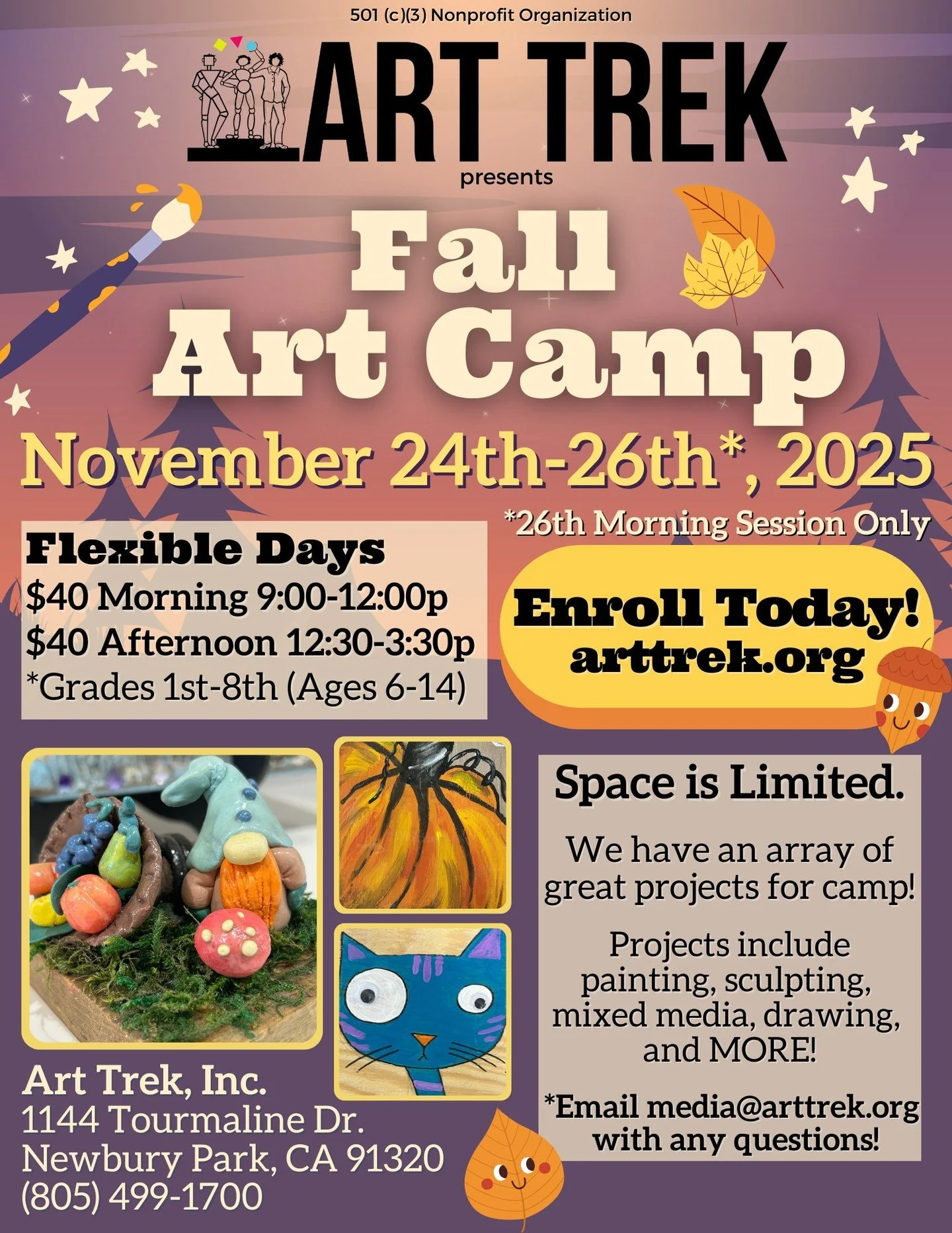 It's almost time for Fall Art Camp! 🍂 Enroll your child today for art camp at the studio, starting next month! For grades 1st-8th.

Space is limited-- Click the link in our bio to visit https://www.arttrek.org/fall-art-camp 🎨

More details below:
?