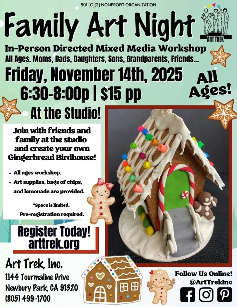 Join us NEXT FRIDAY for Family Art Night: Gingerbread Birdhouses! 

This will be the last Family Workshop in 2025, due to the holidays-- register today with friends and family for an awesome evening of art! 🎨

Create an adorable Gingerbread Birdhous
