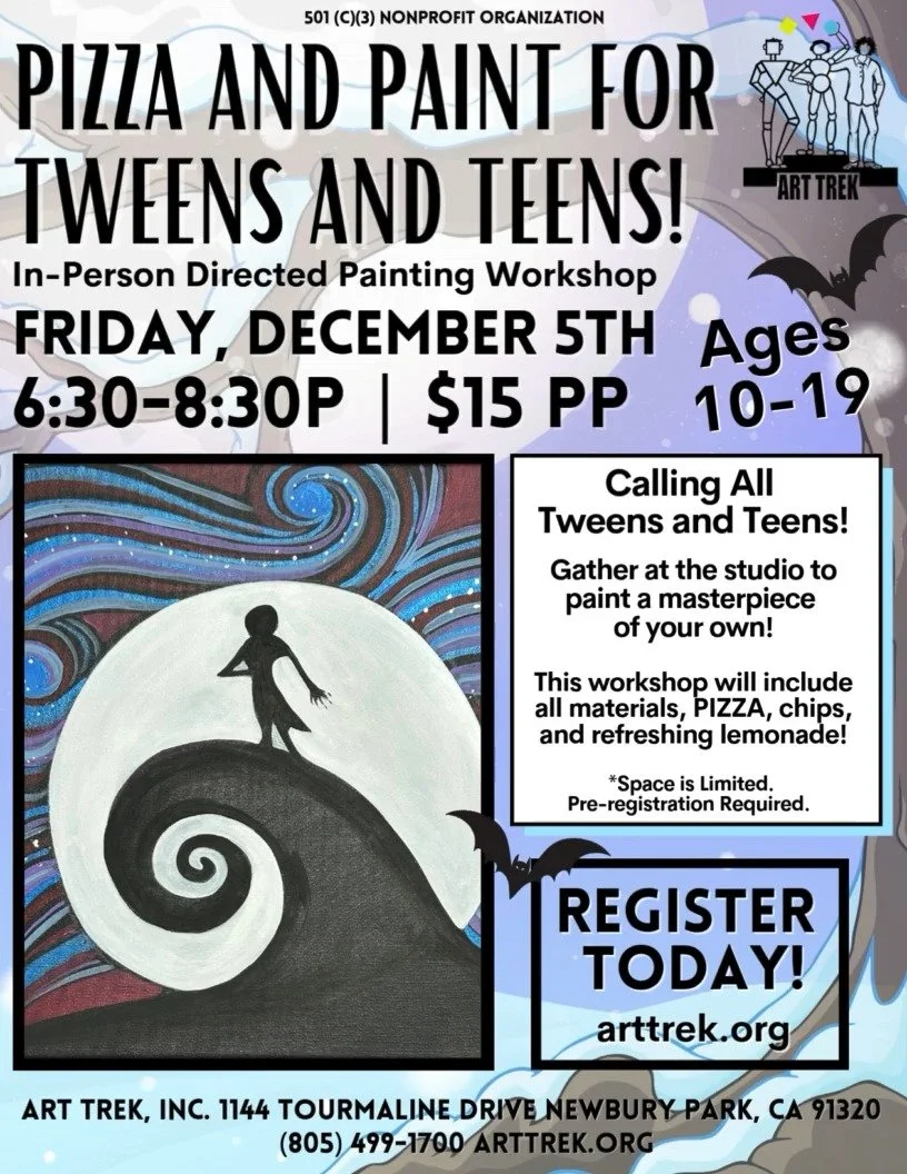 Calling all Tweens and Teens-- Registration is now open for our next Pizza and Paint Night! 🎨 Gather at the studio next month and paint your own Nightmare Before Christmas inspired masterpiece!

Register online today! Click the link in our bio to vi
