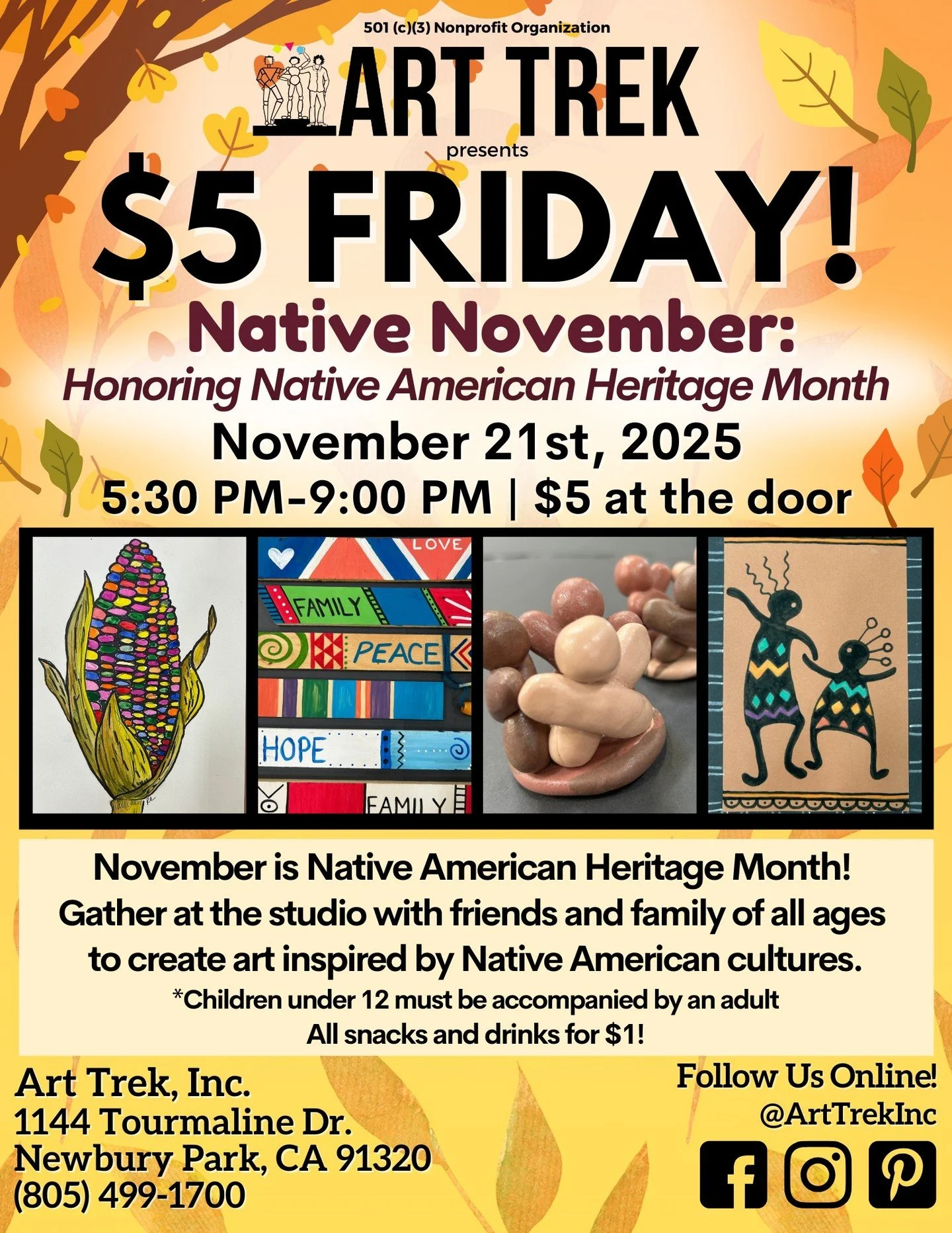 Our next $5 Friday will feature five art projects honoring Native American Heritage Month-- Join us at the studio THIS FRIDAY for a cozy evening of art, community, snacks, and more! 🎨

All art projects at $5 Friday are intended for all ages to make 