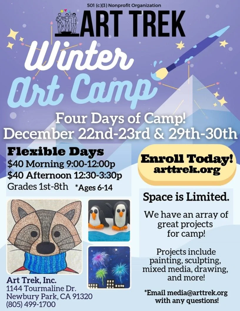 Winter Art Camp is around the corner! ⛄ Enroll your child today for four December days of art camp at the studio! For grades 1st-8th.

Space is limited-- Click the link in our bio to visit https://www.arttrek.org/winter-art-camp 🎨

More details belo