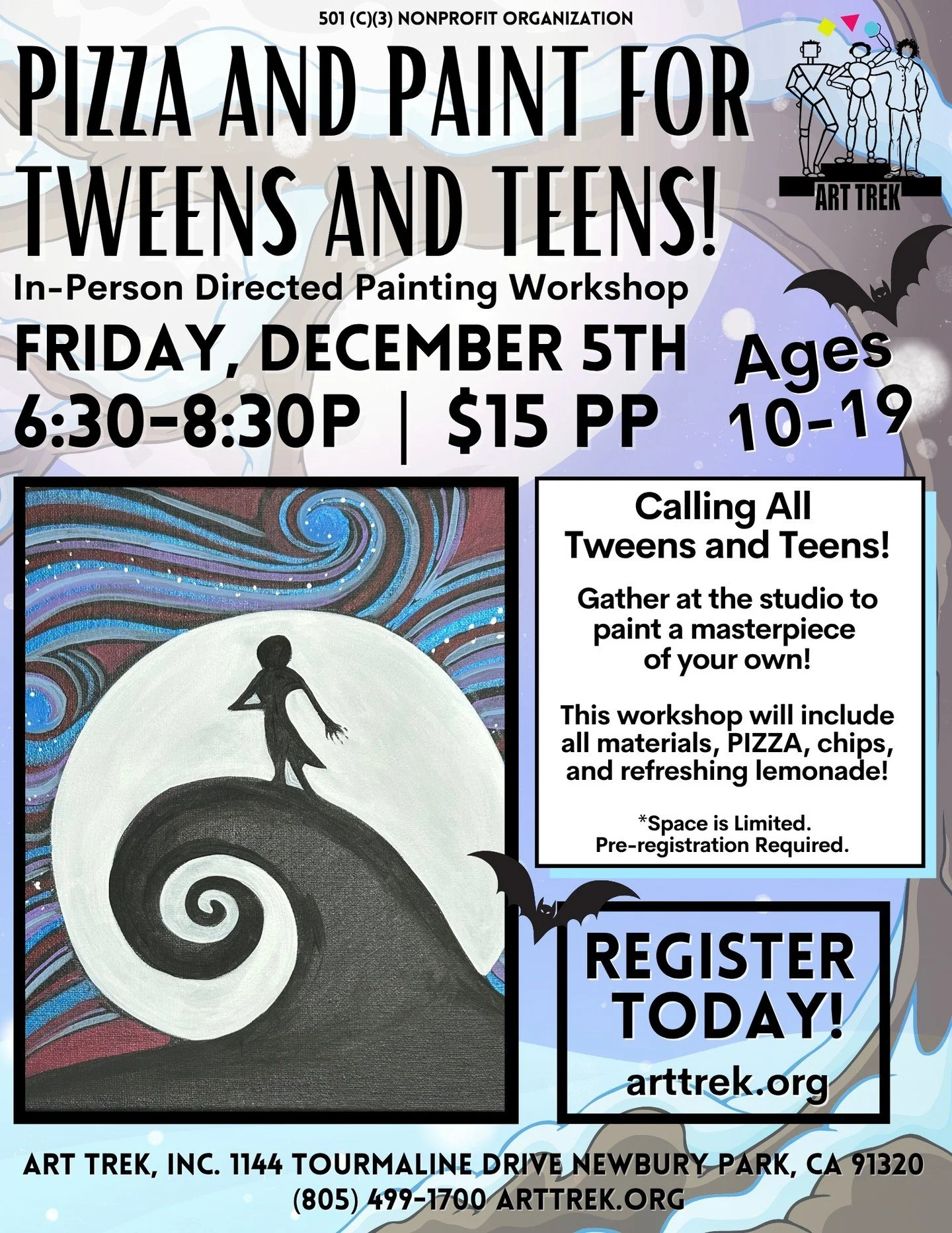 Join us THIS FRIDAY at the studio for Pizza and Paint Night! 🎨 Paint your own Nightmare Before Christmas inspired masterpiece and enjoy delicious pizza! Workshop for ages 10-19.

Register online today! Click the link in our bio to visit arttrek.org/