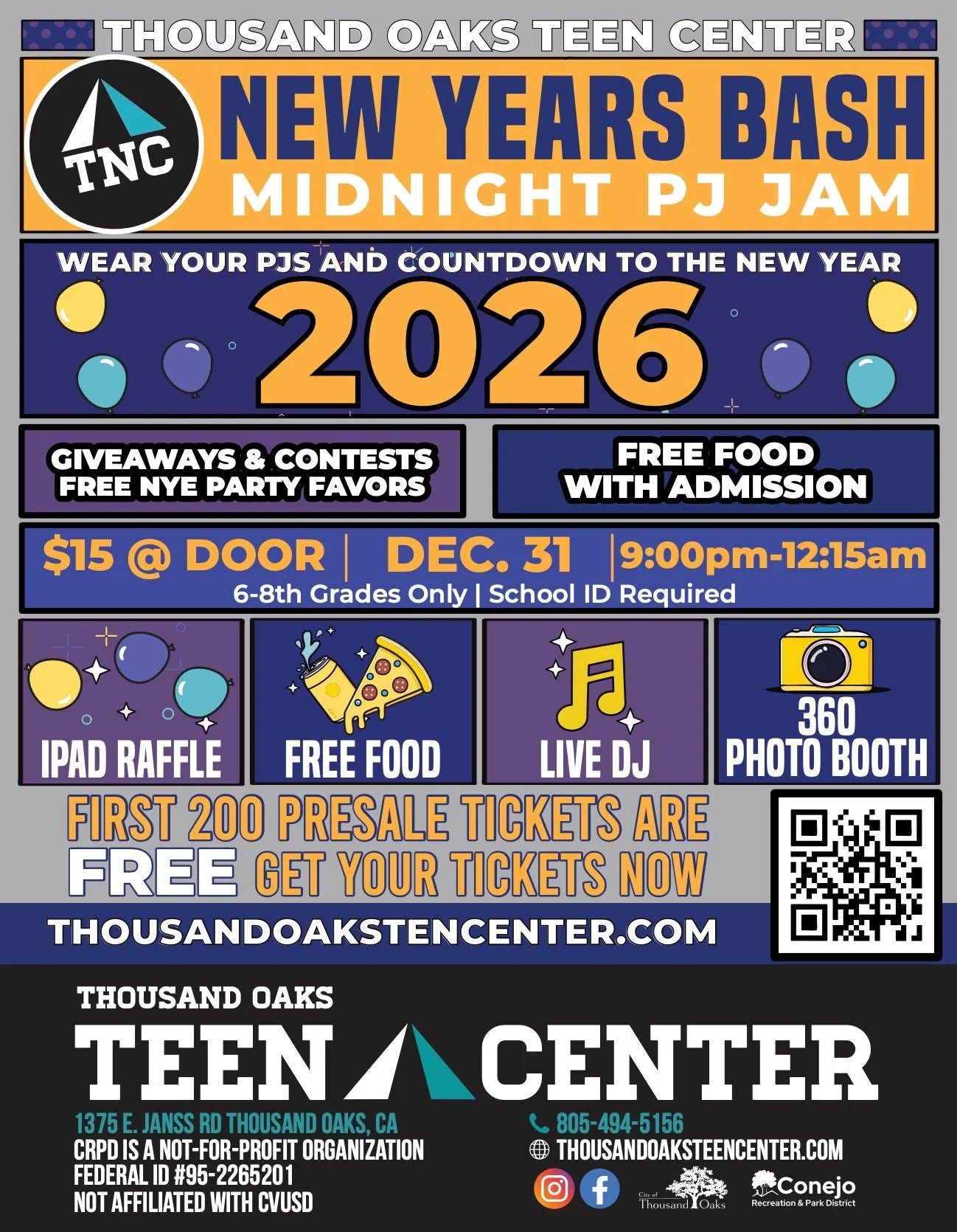Save the date and ring in the new year at the Thousand Oaks Teen Center! @thousandoaksteencenter 
Visit thousandoaksteencenter.com to learn more.

🎉 New Year's Bash Midnight PJ Jam at the Thousand Oaks Teen Center
📍 1375 E. Janss Rd, Thousand Oaks 