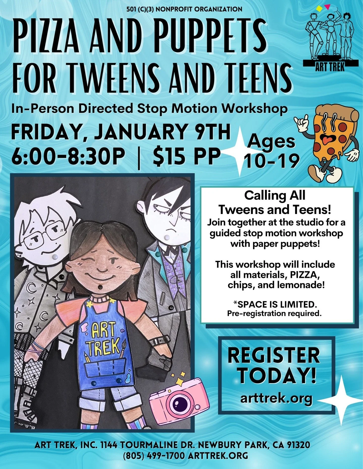 Calling all tweens and teens! Join us at the studio on Friday, January 9th, for our next Pizza and Puppets Stop Motion Workshop! 🍕🎬🎨

Click the link in our bio to register today.

Learn the basics of stop motion with Art Trek animators! Create you