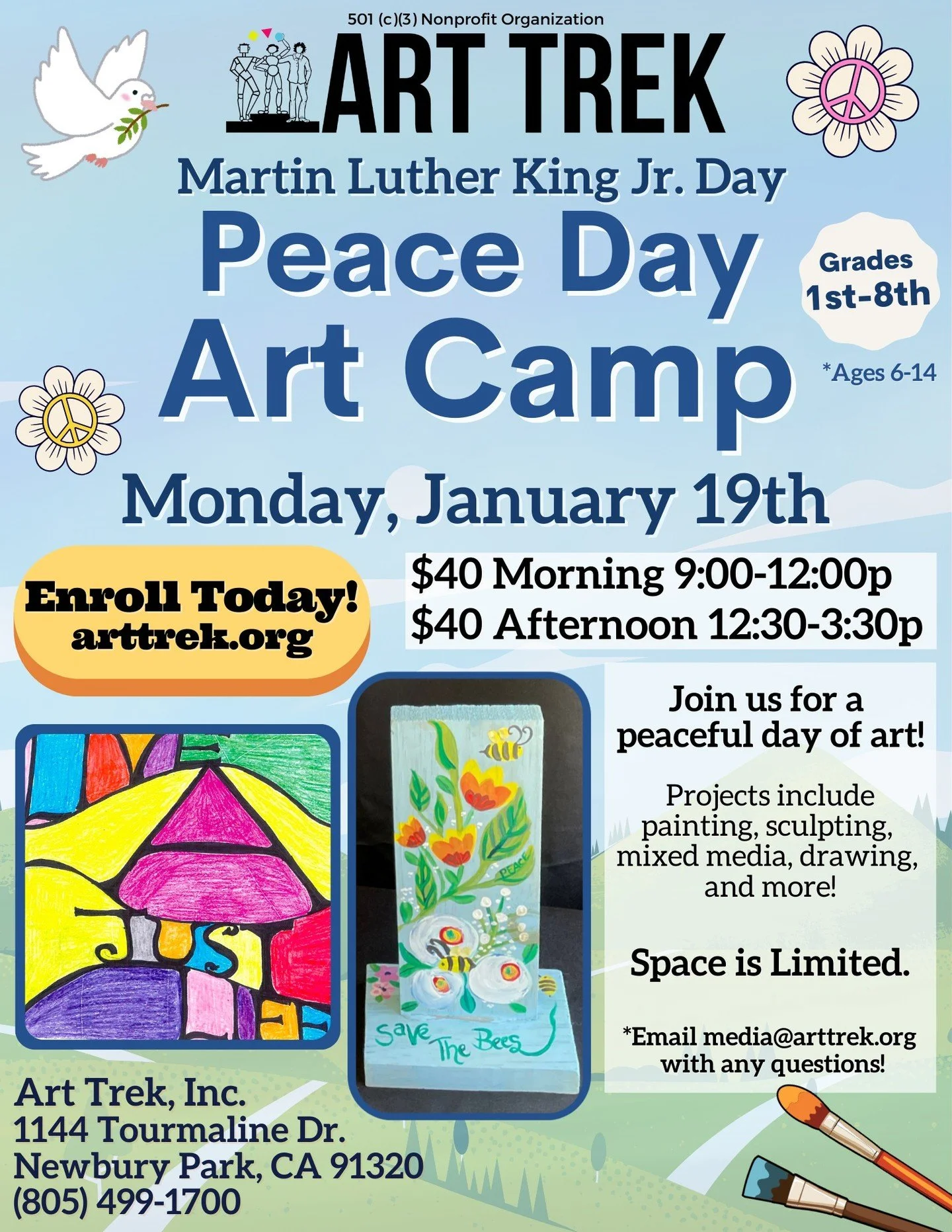 Enrollment is now open for our Peace Day Art Camp, open to children grades 1st-8th (ages 6-14). Join us on Monday, January 19th for a single day of Art Camp, honoring Dr. Martin Luther King Jr.

🕊 Morning and Afternoon sessions offer a variety of re