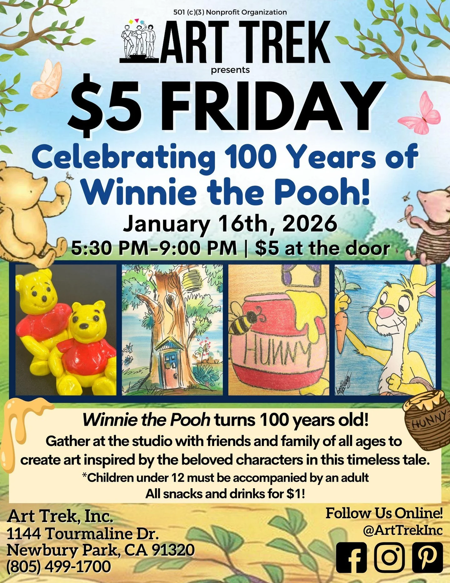 Join us next week for $5 Friday: Celebrating 100 Years of Winnie the Pooh! 🍯 Gather at the studio on January 16th to create five fantastic art projects, inspired by the timeless tale!

🎨 Bring friends and family of all ages to our signature communi