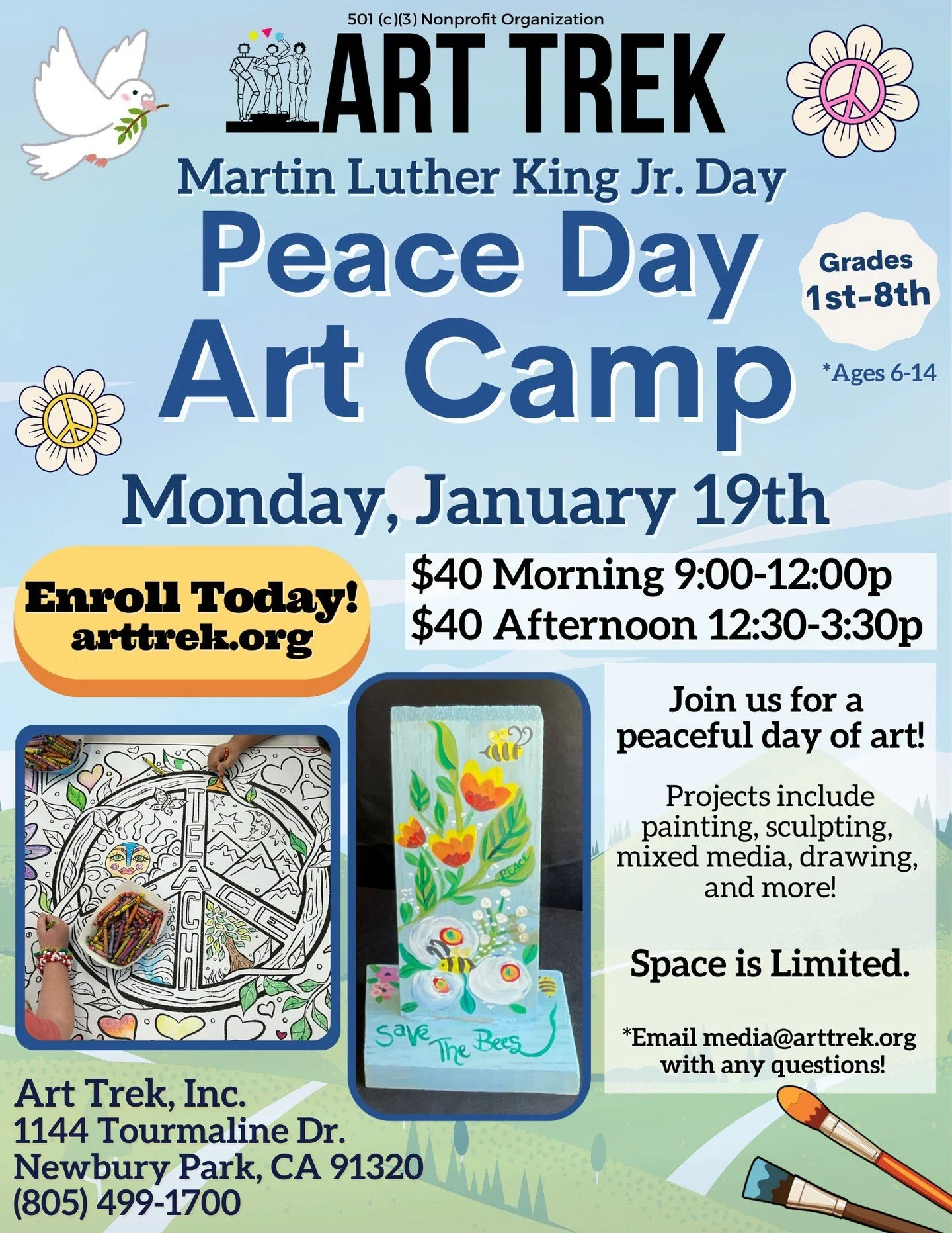 Join us at the studio on Monday, January 19th for Peace Day Art Camp-- Open to children ages 6-14 (Grades 1st-8th). TWO SESSIONS in this single day of camp. 

Visit the link in our bio to register today!

🕊 Morning and Afternoon sessions offer a var