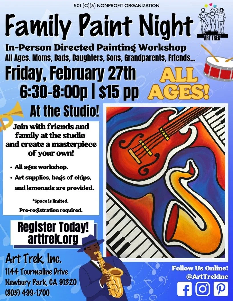 Join us on February 27th for Family Paint Night! Enjoy a relaxing evening of art and expression at the Art Trek Studio-- fun for all ages! 🎷

Register online today! Click the link in our bio to visit arttrek.org/fampaint 🎨

🎼 Family Paint Night
Fr