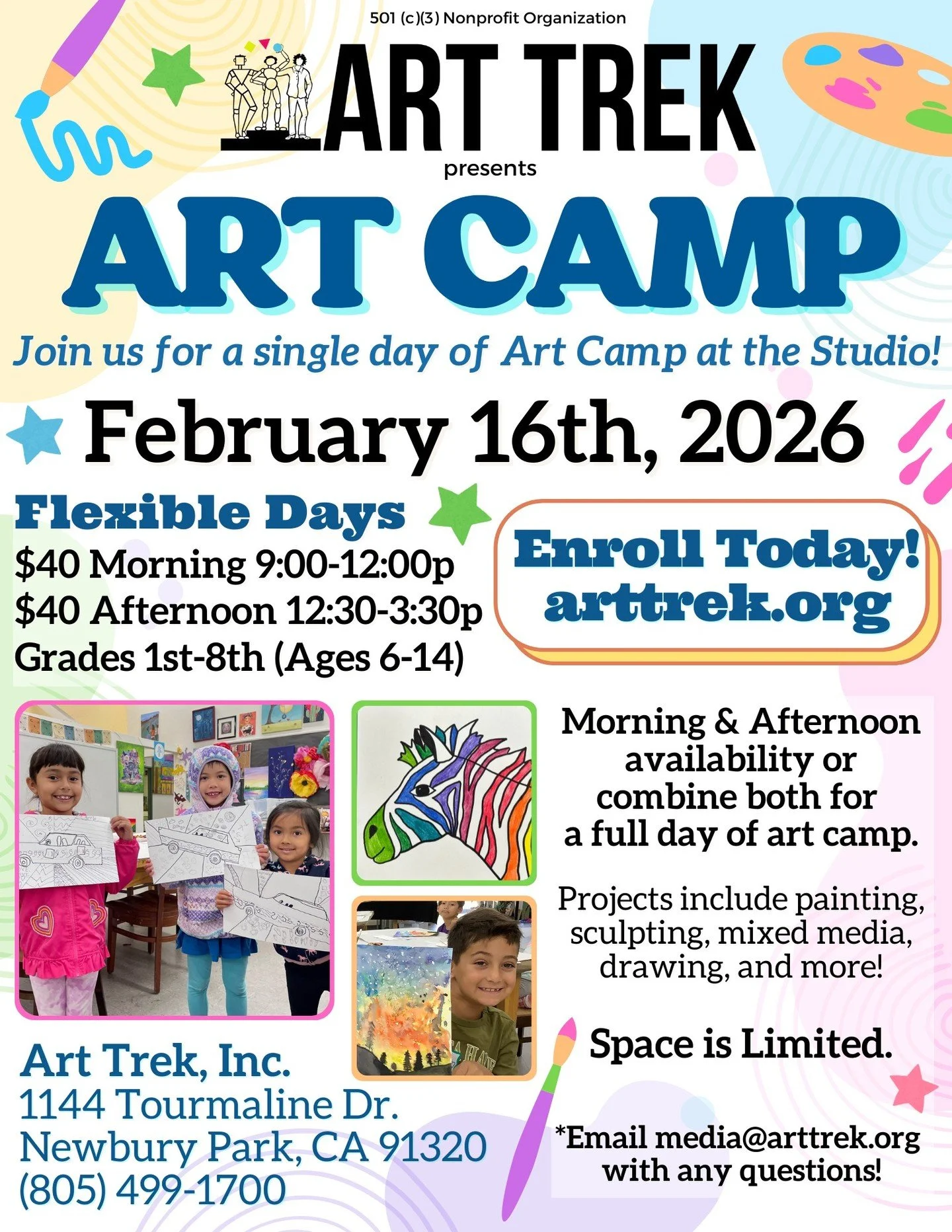 NEXT WEEK! Enroll your child today for a single day of Art Camp at the Studio. Projects include painting, sculpting, mixed media, and MORE! 
Art Camp for Grades 1st-8th

Enroll online by clicking the link in our bio-- visit arttrek.org/art-day-camp

