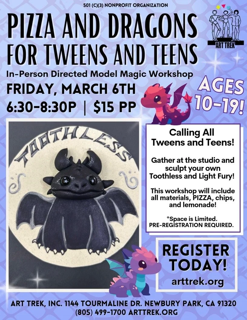 Register online for our next Tween and Teen Night-- Inspired by characters from the How to Train Your Dragon series! Workshop for ages 10-19

Gather at the Studio on Friday, March 6th and sculpt your own Toothless and Light Fury! 🍕🎨🐲 Snacks and pi