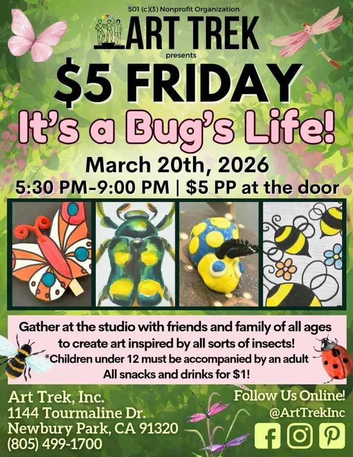 Join us for our next $5 Friday on March 20th, inspired by insects all around us! 🐝 From sculpting adorable bugs on scratch art leaves to painting watercolor beetles, we have exciting activities for all ages to do at our signature community art night