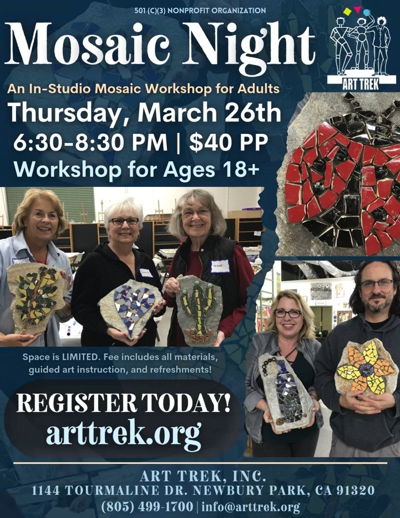 Join us on Thursday, March 26th for Mosaic Night! Artists (ages 18+) will learn to make a beautiful mosaic creation with our instructors and take it home to enjoy. Invite a friend and enjoy a relaxing evening of art, refreshments, and creative expres
