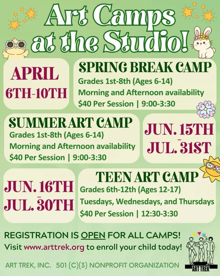 Looking to enroll early for Art Camp? Registration is NOW OPEN for our Spring AND Summer Studio Art Camps at Art Trek! Click the link in our bio to visit arttrek.org and enroll your child today!

Registration is BY THE DAY for all of our camps! More 