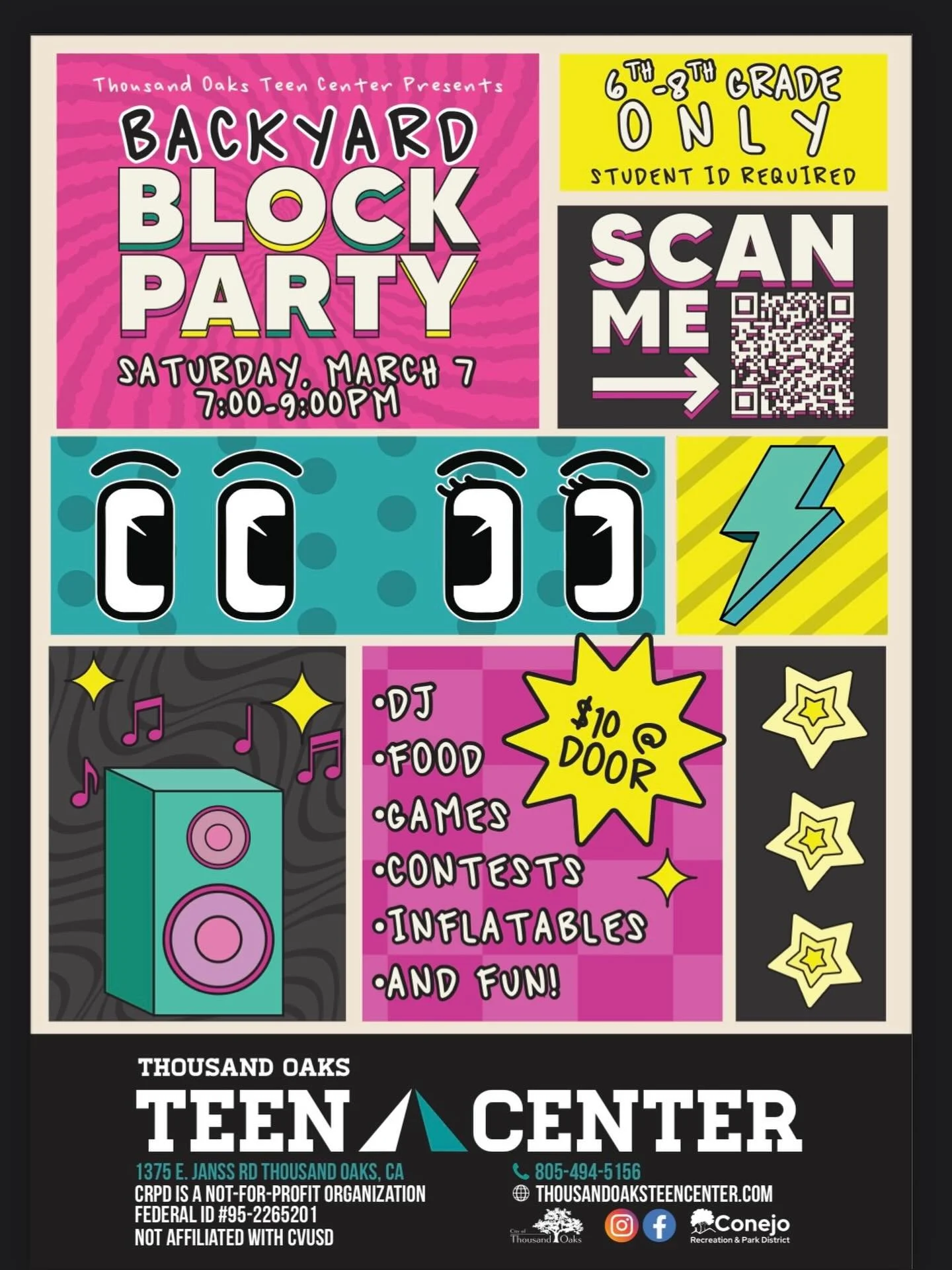 Gather at the Thousand Oaks Teen Center @thousandoaksteencenter tomorrow, March 7th for their Backyard Block Party! Open to grades 6-8 only. 7:00-9:00 PM and $10 at the door. Student ID required for entry 🍕🎉

Learn more by visiting thousandoaksteen