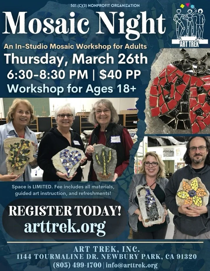 Join us on Thursday, March 26th for Mosaic Night! Artists (ages 18+) will learn to make a beautiful mosaic creation with our instructors and take it home to enjoy. Invite a friend and enjoy a relaxing evening of art, refreshments, and creative expres
