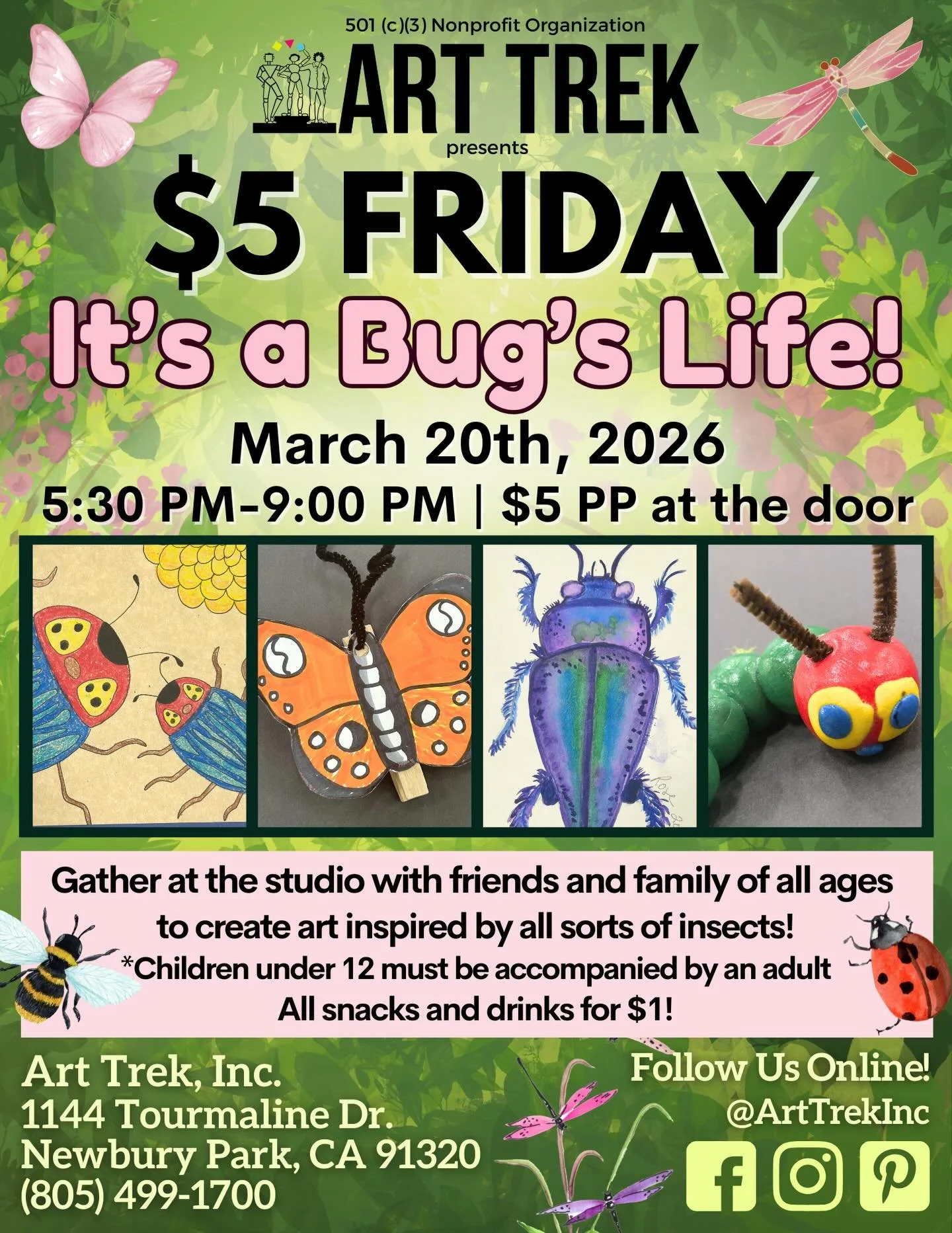 Join us THIS WEEK for $5 Friday, inspired by insects all around us! 🐝 From sculpting adorable bugs on scratch art leaves to painting watercolor beetles, we have exciting activities for all ages to do at our signature community art night! 🎨

More de