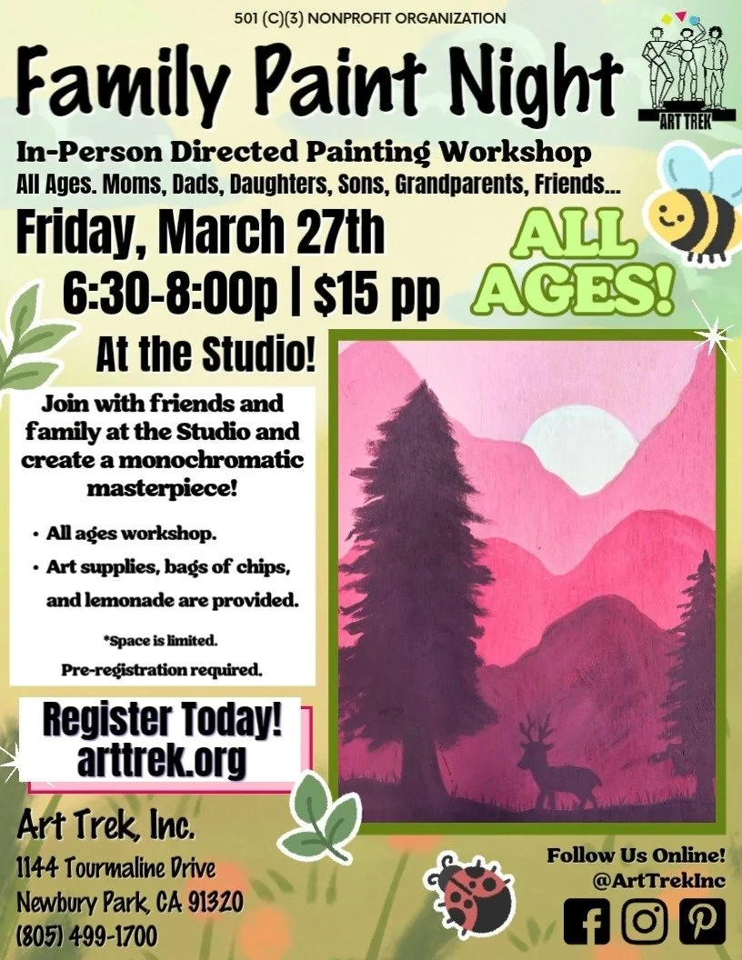 Gather at the Studio NEXT WEEK on Mar. 27th for Family Paint Night! Paint a monochromatic landscape on wood-- fun for all ages to do! 🦌 Invite friends and family and fill your home with gorgeous artwork made by YOU! ❤️

Register online today! Click 