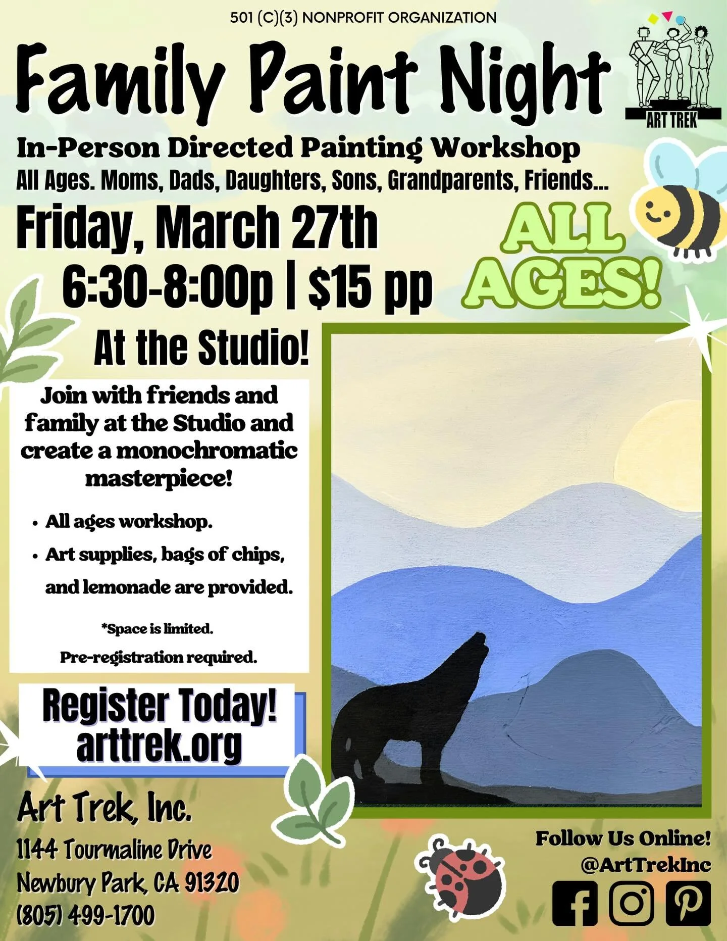 Gather at the Studio THIS FRIDAY, Mar. 27th, for Family Paint Night! Paint a monochromatic landscape on wood&mdash; fun for all ages to do! 🦌 Invite friends and family and fill your home with gorgeous artwork made by YOU! ❤️

Register online today! 