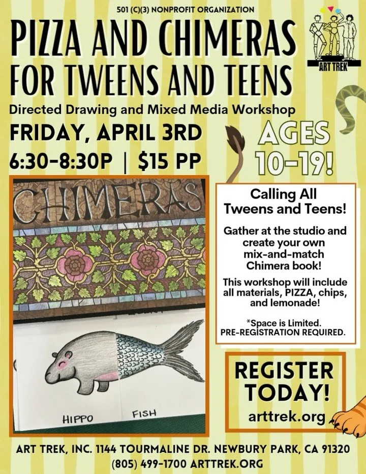 Register online for Tween and Teen Night THIS FRIDAY! Create your own Chimera Booklet in this exciting guided workshop at the Studio! Workshop for ages 10-19. Click the link in our bio to register online today!

🎨Tween and Teen Night
This Friday, Ap