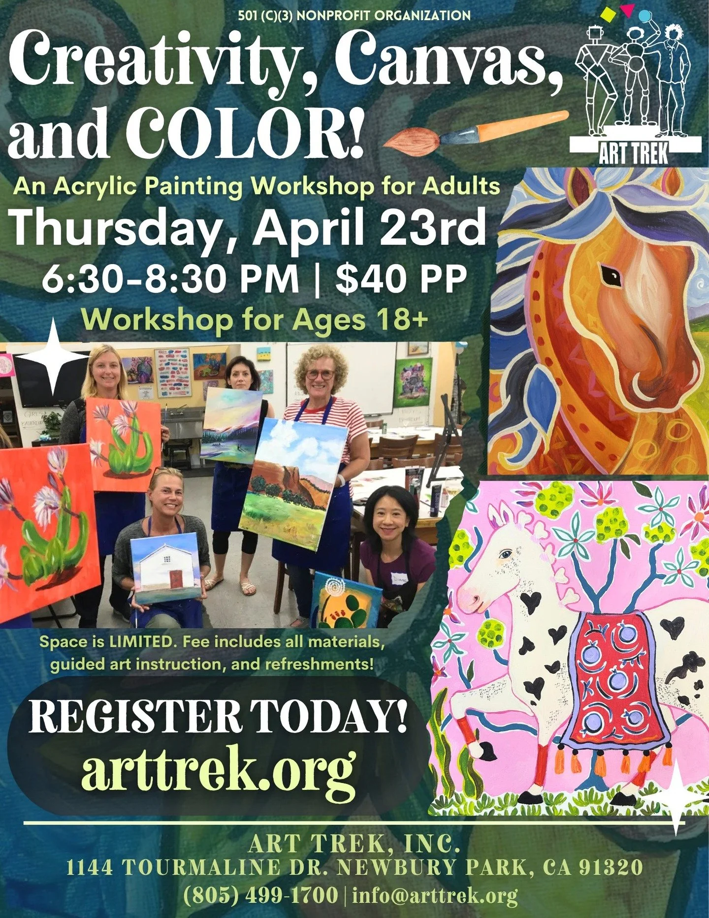 Join us on Thursday, April 23rd for Creativity, Canvas, and Color! Artists (ages 18+) will create a masterpiece with our instructors and take it home to enjoy. We will be painting horses using acrylics! 

Invite a friend and enjoy a relaxing evening 
