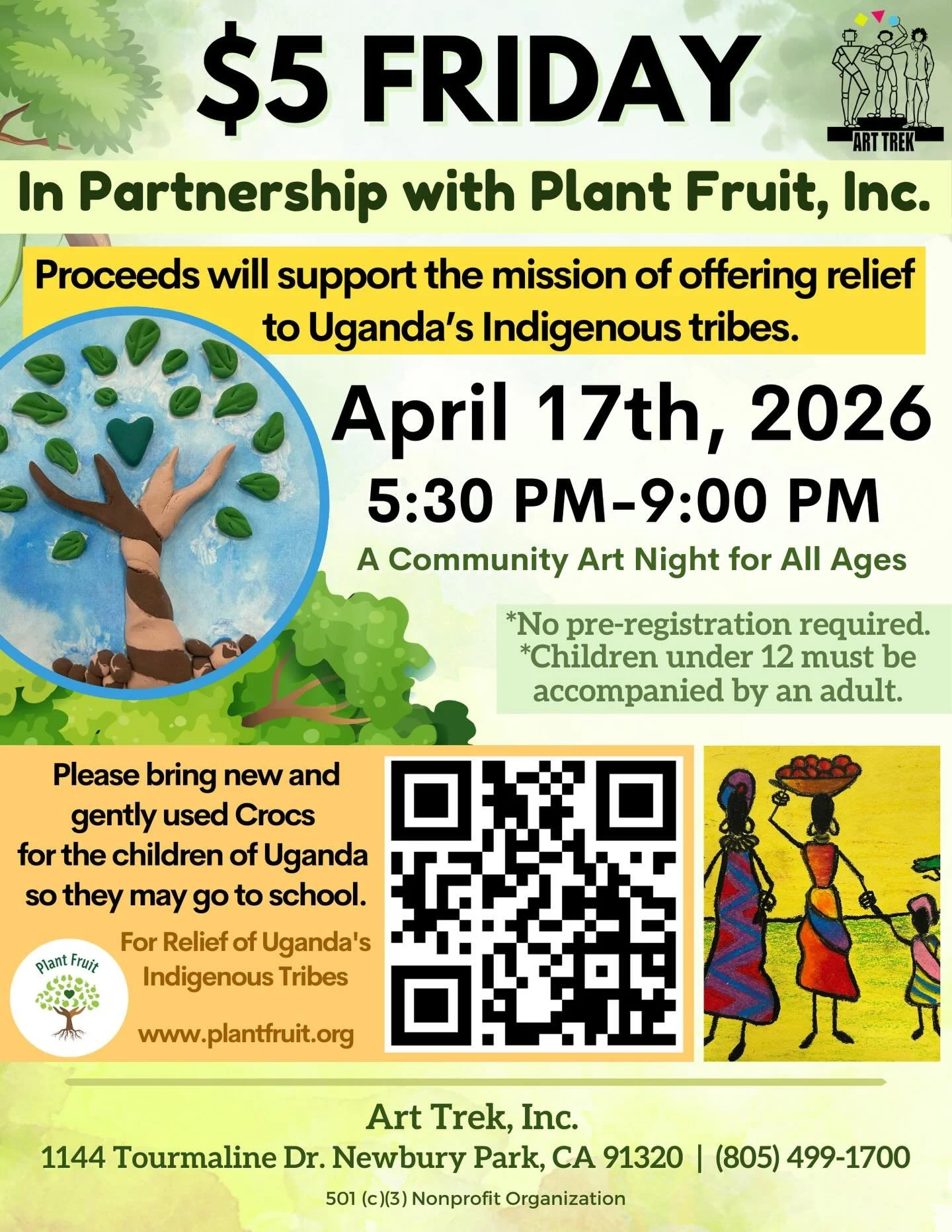 Join us NEXT FRIDAY (April 17th) for $5 Friday, in partnership with Plant Fruit, Inc. - 100% of proceeds from the evening will go towards their mission of offering relief to Uganda&rsquo;s Indigenous tribes.

‼️ Art Trek is also collecting new and ge