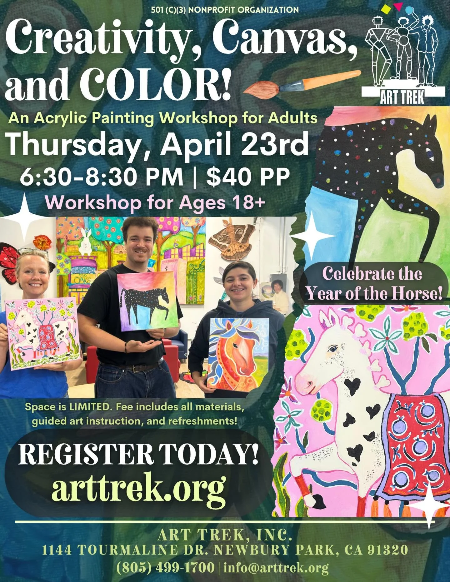 Adults (Ages 18+)! Celebrate the Year of the Horse with us and paint a masterpiece of your own at the Studio! 

Join us on Thursday, April 23rd for Creativity, Canvas, and Color: Acrylics in April. Artists will create a masterpiece with our instructo