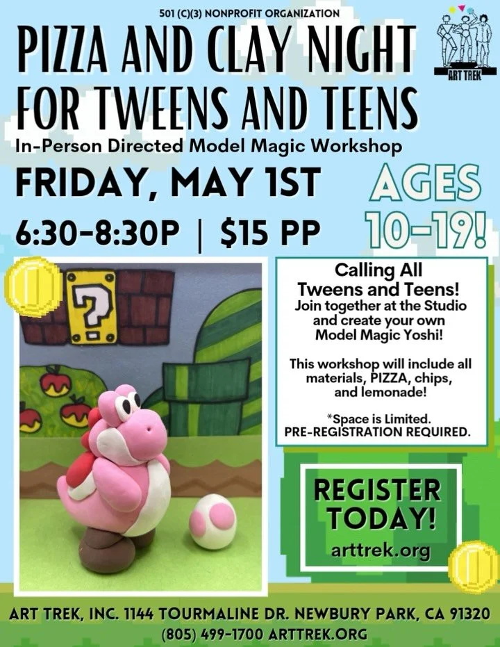 Register online for our next Tween and Teen Night! Create your own Model Magic Yoshi in this exciting guided workshop at the Studio! Workshop for ages 10-19. Click the link in our bio to register online today!

🎨Tween and Teen Night
Friday, May 1st!