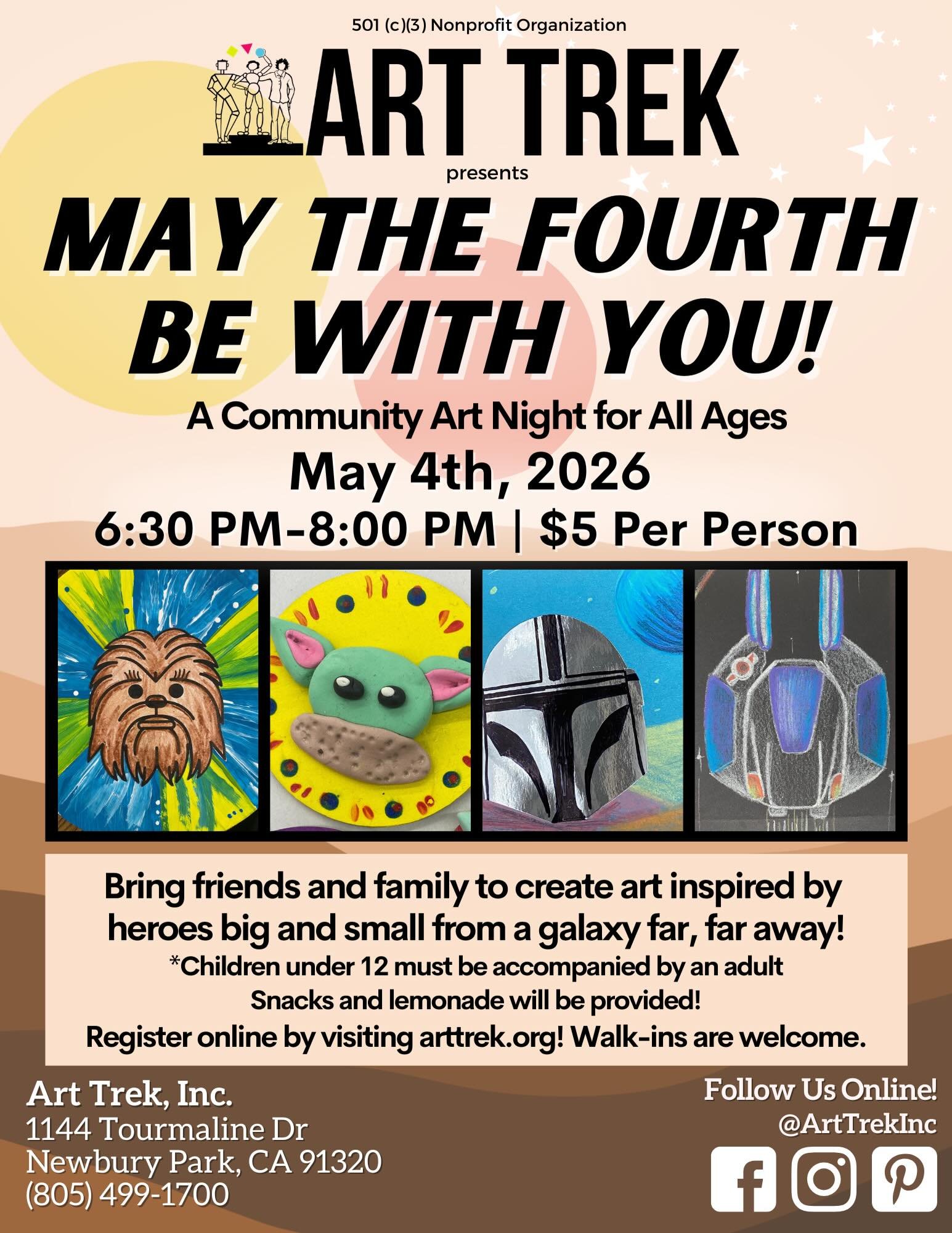 NEXT WEEK! Join us at the Studio for a very special community art night for all ages&mdash; May the Fourth Be With You! 🎨 Register early online or pay $5 at the door for an evening of art projects, celebration, and snacks! Link in our bio.

Next Mon