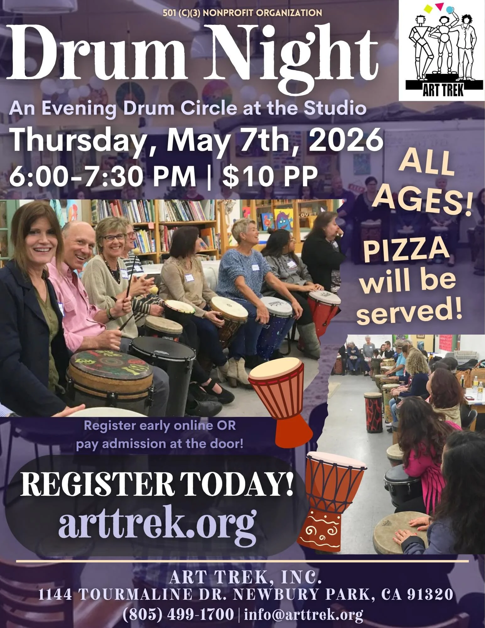 Thanks to our sponsor, our Drum Circle THIS THURSDAY is now $10! Pay admission at the door or register early online https://www.arttrek.org/drum-night 🪘

Join us for an evening of drumming at the Studio!
Thursday, May 7th
6:00-7:30 PM
All ages commu