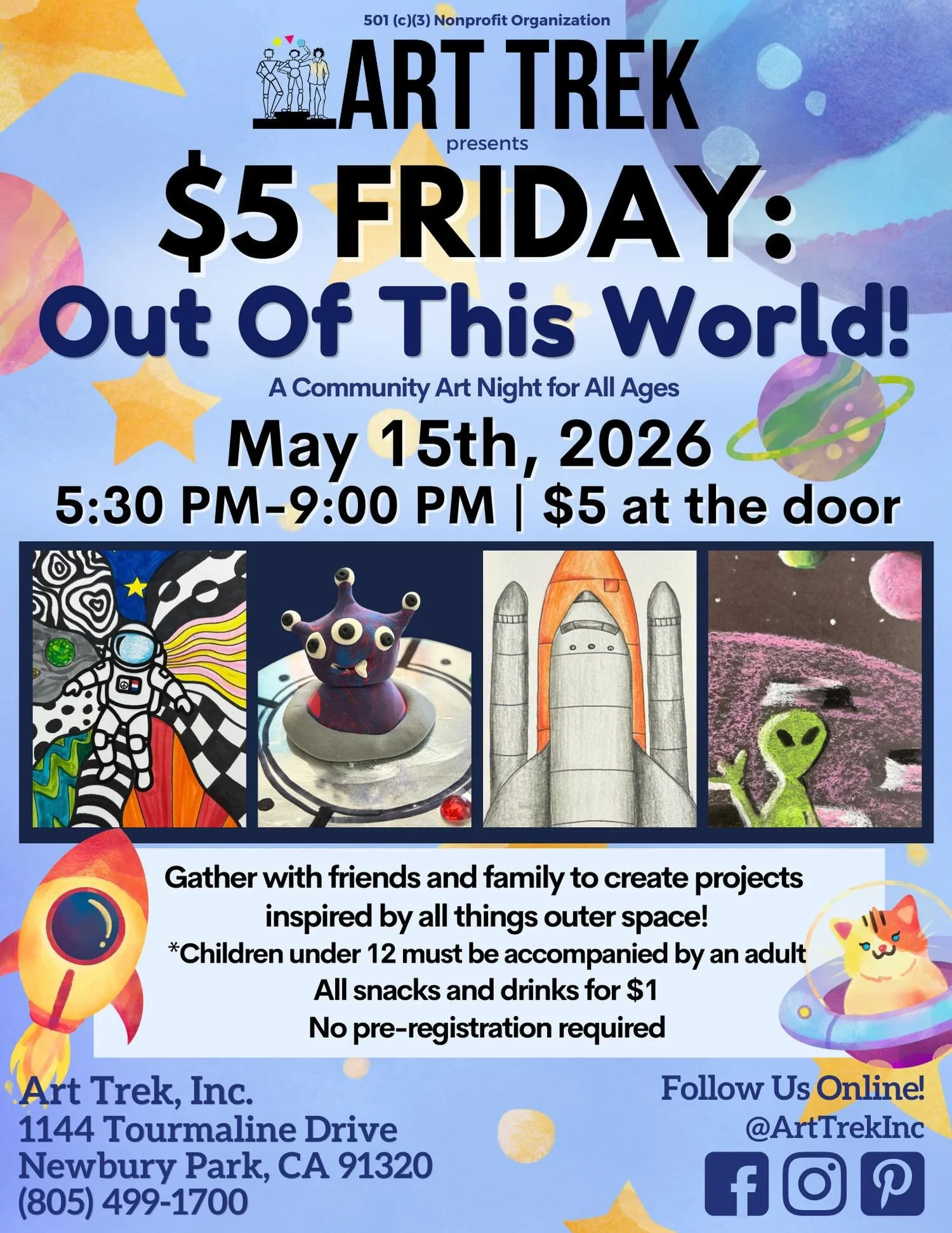 Gather at the Studio NEXT WEEK for $5 Friday: Out Of This World! 👽🪐🚀 Inspired by all things space&mdash; sculpt with Model Magic, craft your own astronaut helmet, draw with oil pastels, and MORE! 🎨 Details below:

1144 Tourmaline Dr, Newbury Park