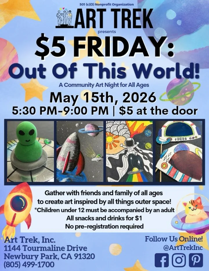 THIS WEEK! Gather at the Studio on May 15th for $5 Friday: Out Of This World! 👽🪐🚀 Inspired by all things space&mdash; sculpt with Model Magic, craft your own astronaut helmet, draw with oil pastels, and MORE! 🎨 Details below:

1144 Tourmaline Dr,