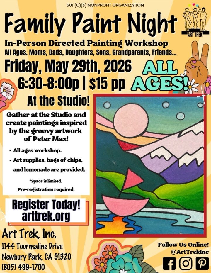 Gather at the Studio NEXT FRIDAY, May 29th, for Family Paint Night! Create a painting on canvas inspired by the groovy works of Peter Max&mdash; fun for all ages to do! 🌼 Invite friends and family next Friday evening and fill your home with gorgeous