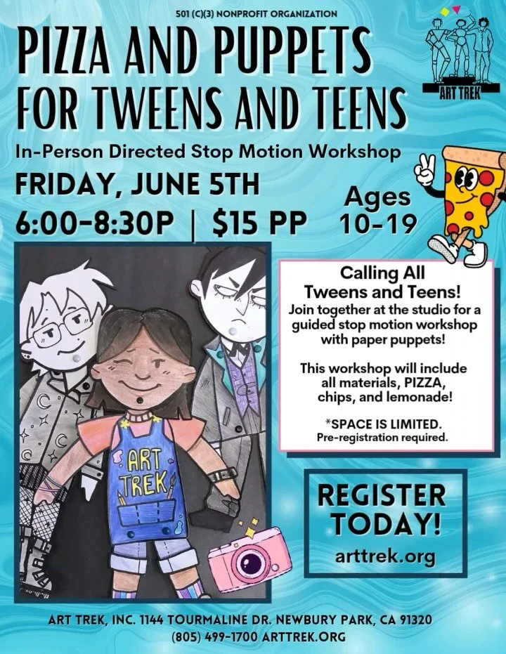 BACK BY POPULAR DEMAND! Join us at the Studio on Friday, June 5th, for our next Pizza and Puppets Stop Motion Workshop! 🍕🎬🎨

Register online today! Click the link in our bio to visit https://www.arttrek.org/teens

Learn the basics of stop motion w