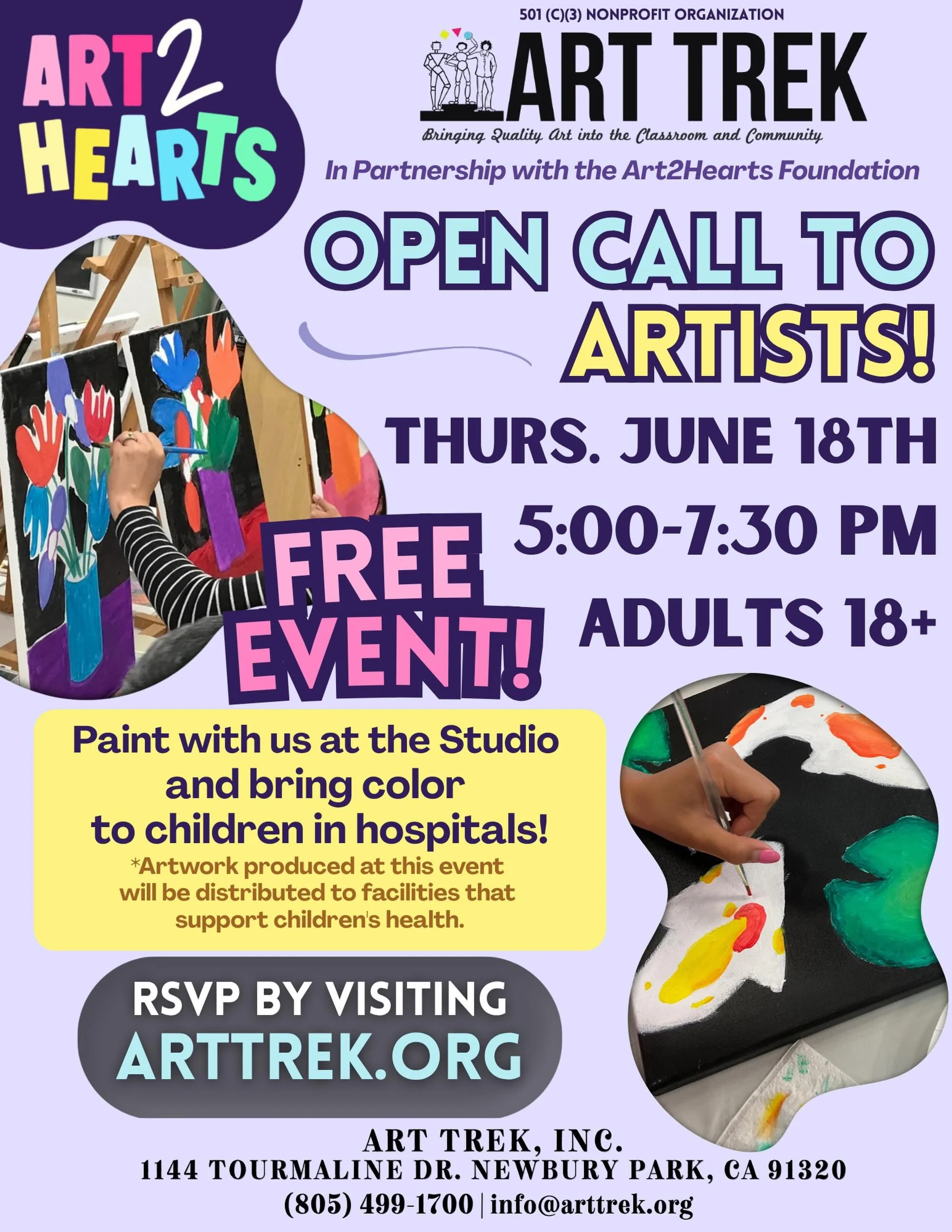 OPEN CALL TO ARTISTS! 🎨 Gather at the Art Trek Studio on Thursday, June 18th and help create a work of art that will bring &ldquo;warm and vibrant works of art to barren hospital walls for kids who need hope and positive inspiration.&rdquo; 

All ar