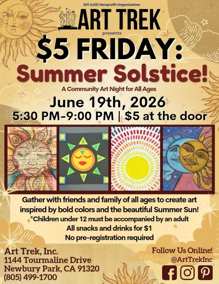 NEXT FRIDAY! Gather at the Studio on June 19th for $5 Friday: Summer Solstice! 🌞 Five art projects for all ages inspired by all things SUMMER and SUNSHINE&mdash; paint Alma&rsquo;s Eclipse with tempera, draw Luna y Sol with oil pastels, and MORE! 🎨