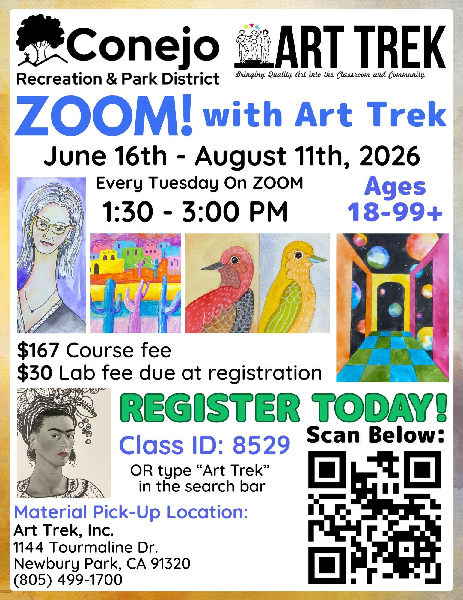 ZOOM with Art Trek! Register via CRPD for our weekly Tuesday Zoom art classes, available for adults ages 18+. Next session begins Tuesday, June 16th-August 11th.

🎨 Material pick-up is located at Art Trek, Inc. 1144 Tourmaline Dr, Newbury Park. Onli