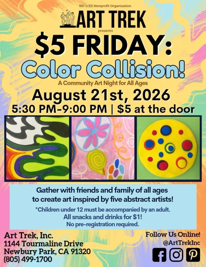 Gather at the Studio NEXT WEEK for $5 Friday: Color Collision! 🌈 Five art projects for all ages inspired by the works of abstract artists&mdash; paint with tempera on wood panel, draw shapes and spirals with oil pastels, sculpt dots with Model Magic