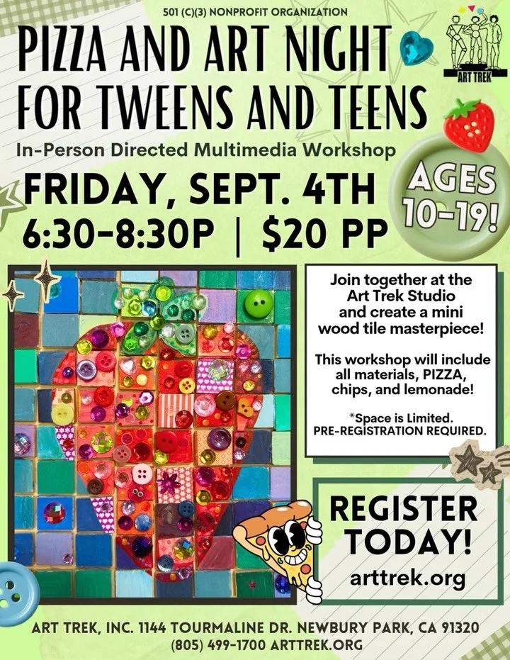 Join us at the Studio NEXT FRIDAY, September 4th, for our next Tween and Teen Art Workshop! 🍕🎨 Create your own multimedia masterpiece with mini wood tiles on wood block&mdash; all art supplies and guided instruction provided!

Register online today