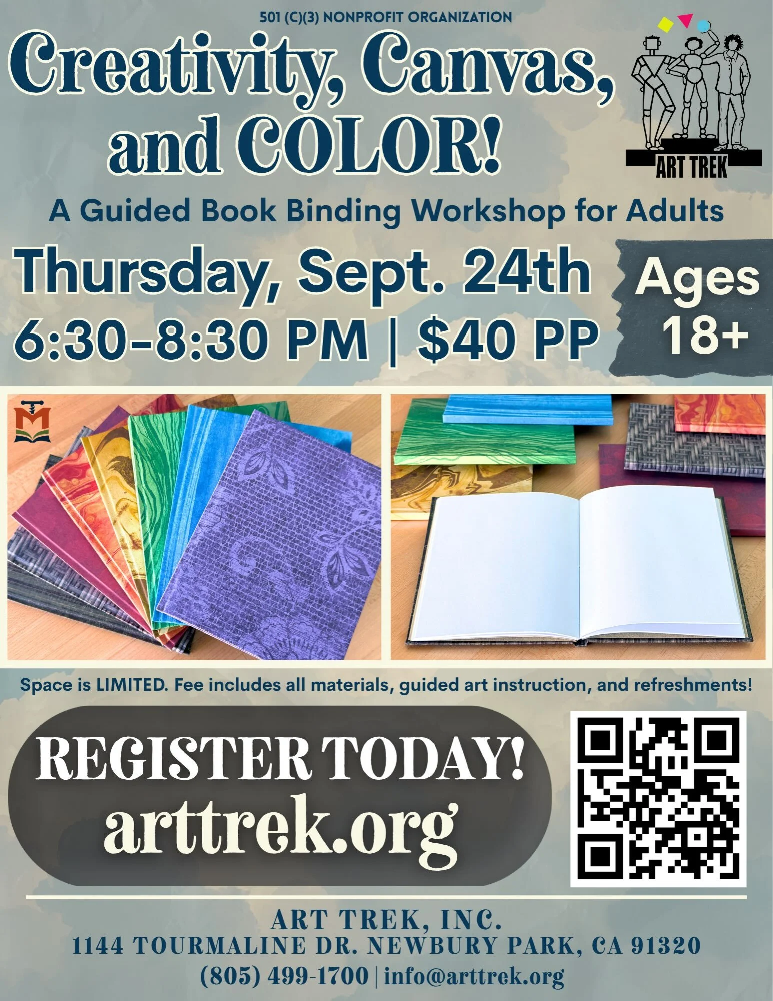 It&rsquo;s time for our next guided adult workshop at the Art Trek Studio! Join us on Thursday, September 24th for Book Binding with Bob Bender&mdash; a unique workshop for adults 18+! In partnership with Book Makers Craft @bookmakerscraft 📔

Visit 