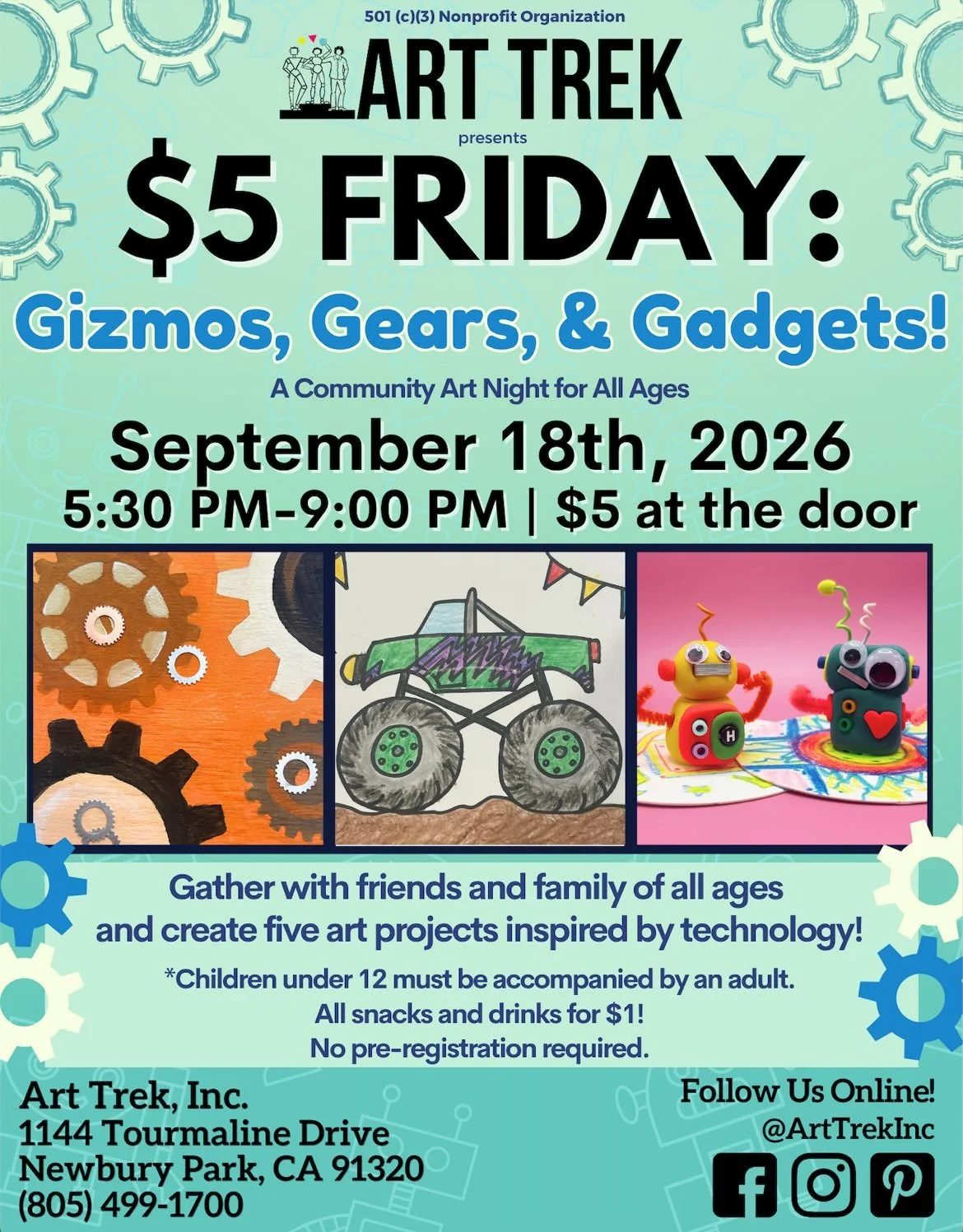 Gather at the Studio NEXT WEEK for $5 Friday: Gizmos, Gears, and Gadgets! 🤖 Five art projects for all ages inspired by technology&mdash; paint with tempera on wood panel, draw monster trucks, sculpt robots with Model Magic, and MORE! 🎨 Details belo