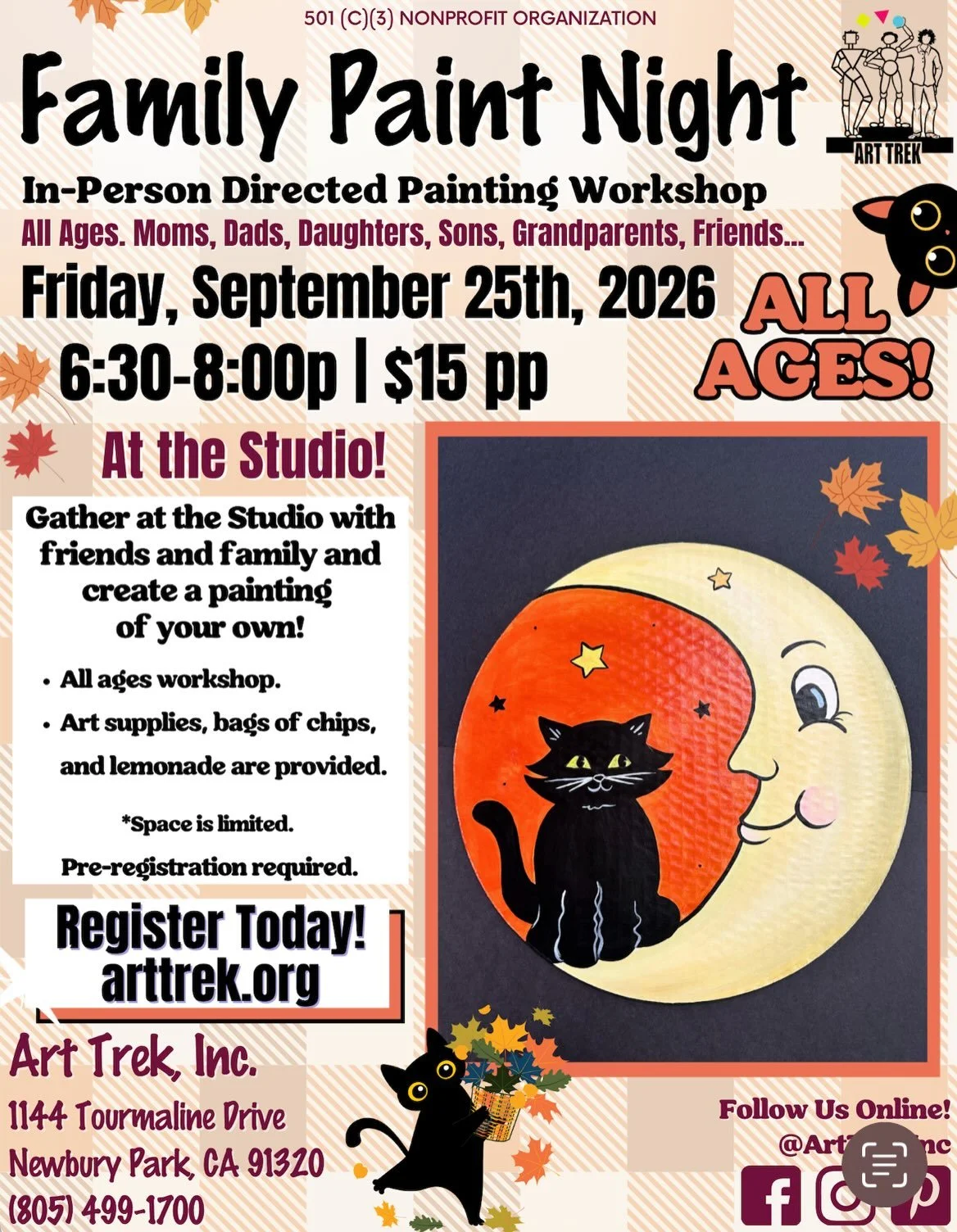 Gather at the Studio on September 25th for Family Paint Night! All ages are welcome to create with us at our monthly directed painting workshop! Online registration required. LINK IN BIO!

Invite friends and family for an evening at the Art Trek Stud