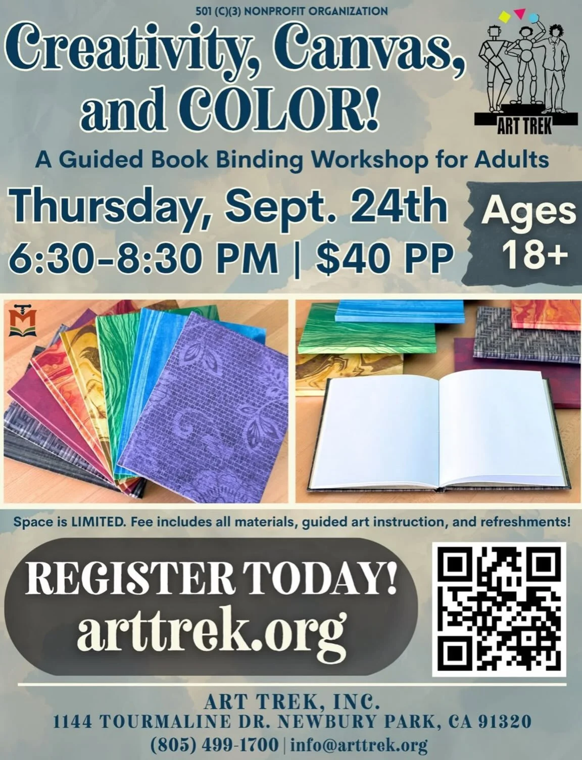 THIS THURSDAY!! 📚 Join us for our next guided adult workshop at the Art Trek Studio! Learn bookbinding techniques and create your own 48 page journal to take home and use&mdash; a unique workshop for adults 18+! In partnership with Bob Bender of Boo