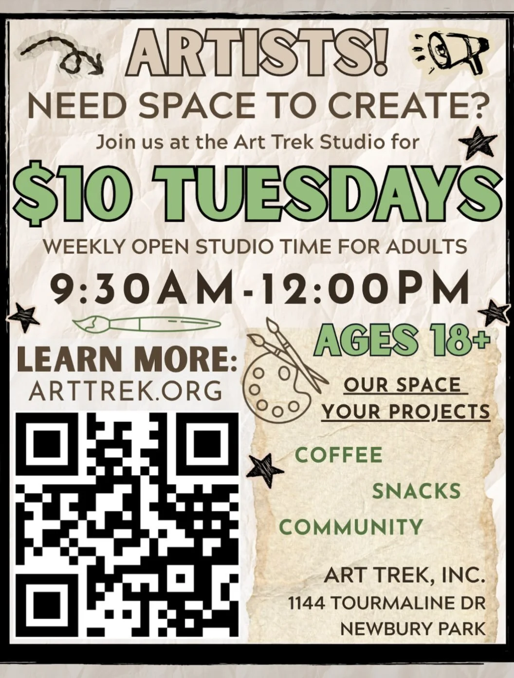 Are you an artist in need of space to work on your art projects? Stop by the Art Trek Studio for $10 Tuesdays&mdash; Open Studio Time for artists (ages 18+)! 🎨 Happening every Tuesday at the Art Trek Studio from 9:30 AM - 12:00 PM.

For $10 at the d