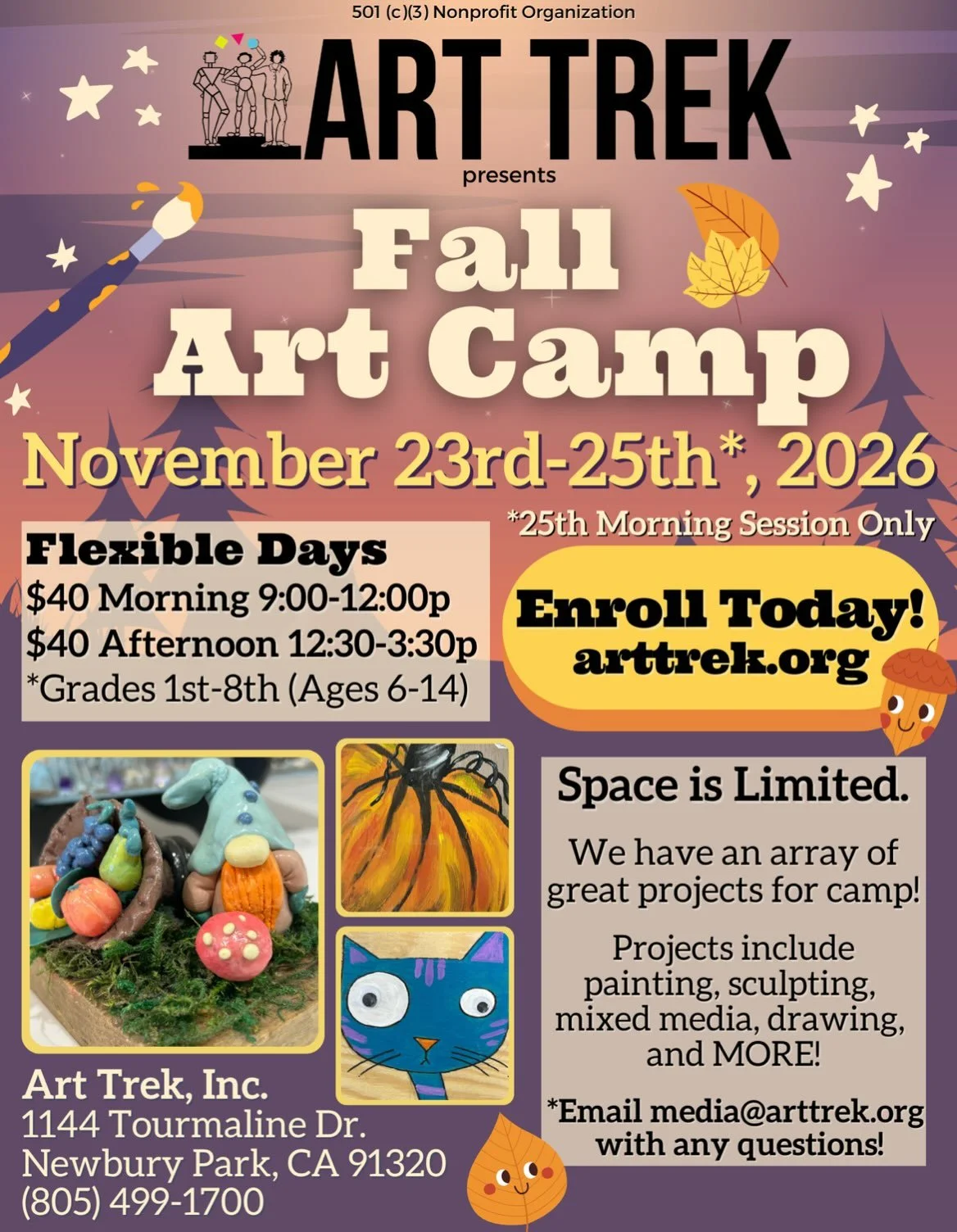 Early registration is now open for our next Studio Art Day Camp! LINK IN BIO to register your camper today! 🍁🎨

Fall Art Camp
Register by the day! November 23rd-25th*
Morning Session: 9:00 AM - 12:00 PM
Afternoon Session: 12:30 PM - 3:30 PM
*Nov. 2