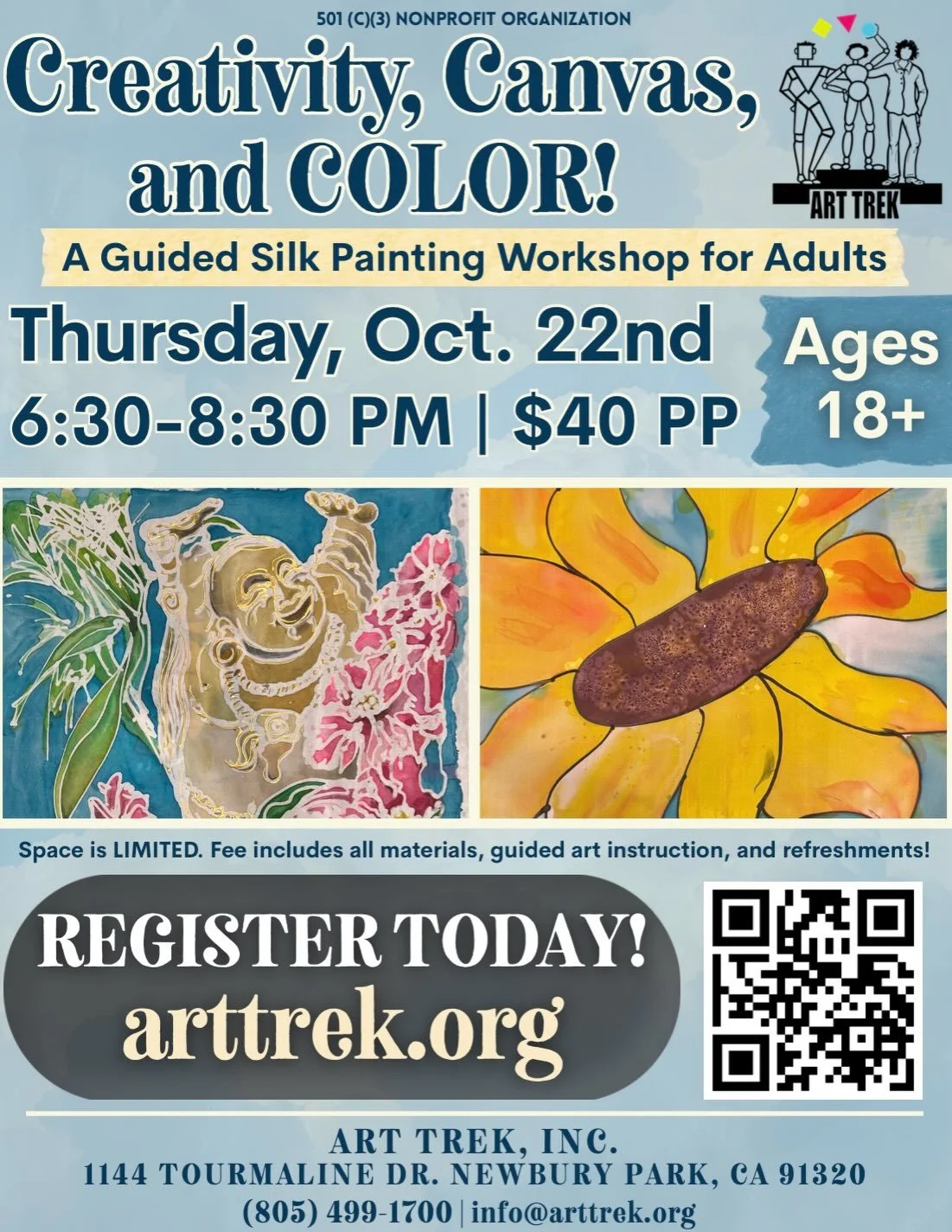Join us for our next guided adult workshop at the Art Trek Studio! Learn silk painting techniques and craft a beautiful tapestry of your own&mdash; a unique workshop for adults 18+! 🎨 Led by our fabulous Art Trek teachers!

Visit https://www.arttrek