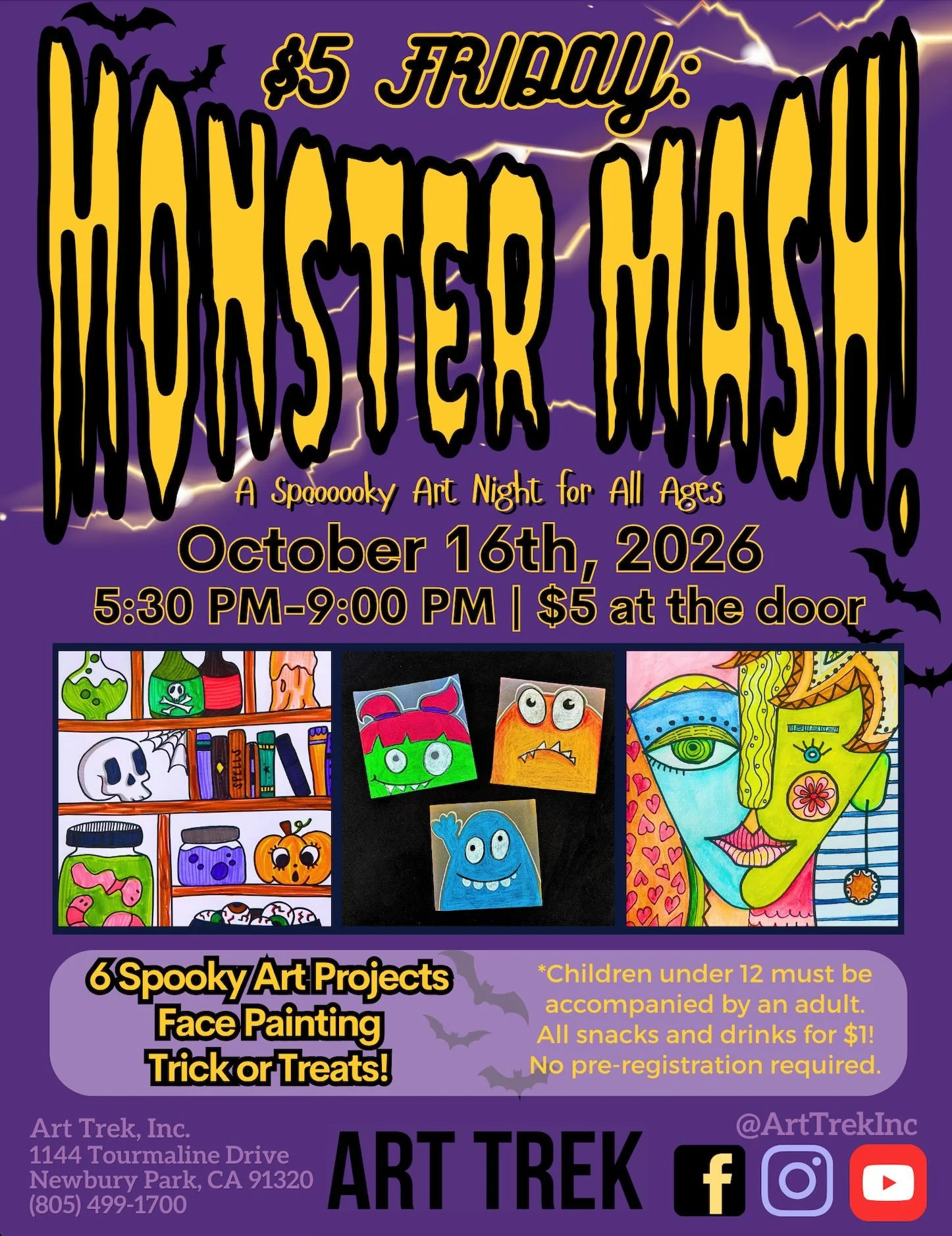 ONE WEEK AWAY! 🎃 Gather at the Art Trek Studio on Oct. 16th for a very special $5 Friday: Monster Mash! 👻 SIX self-directed art projects for all ages, face painting, and trick-or-treats! Make a family of tissue paper ghosts, sculpt a beautiful boo 