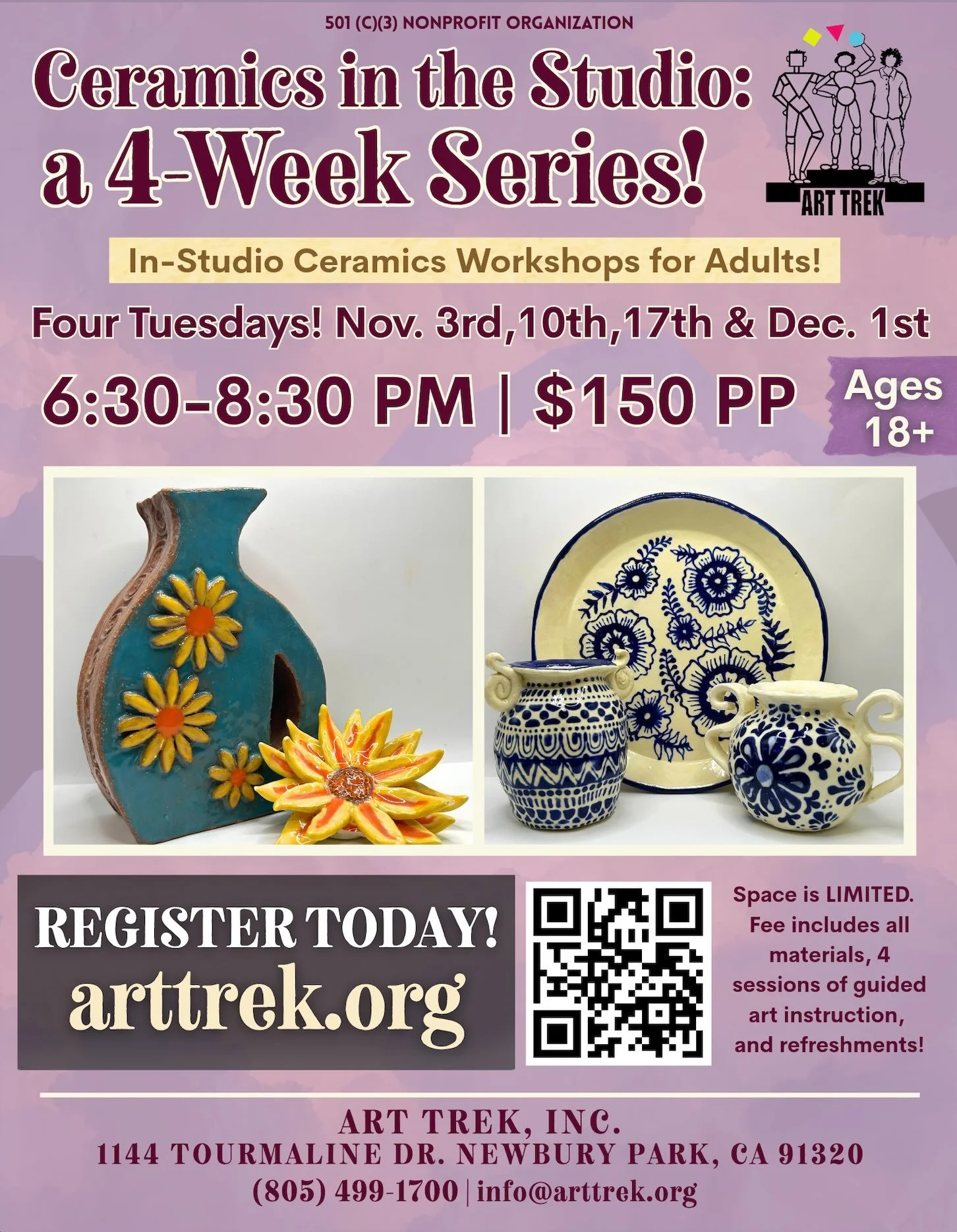 Art Trek invites you to our first series of Ceramics Workshops at the Studio (ages 18+ only)! 🎨 Register today for FOUR Tuesday evenings of ceramics instruction&mdash; November 3rd, 10th, 17th and December 1st. Take home beautiful handmade ceramic w