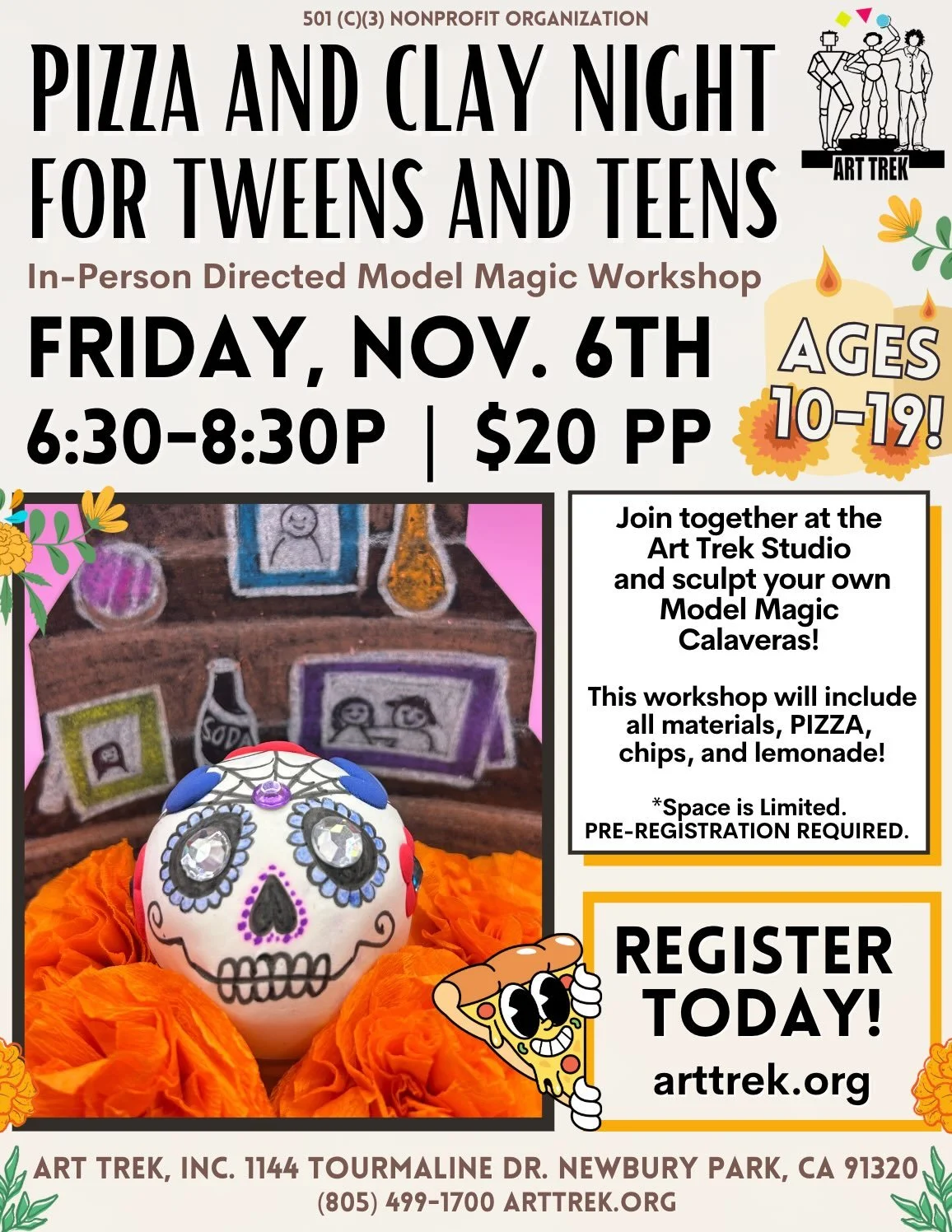 Join us at the Studio NEXT FRIDAY, November 6th, for our next Tween and Teen Art Workshop! 🍕🎨 Create your own Model Magic Calavera and Mini Ofrenda&mdash; all art supplies provided!

Register online today! Click the link in our bio to visit https:/