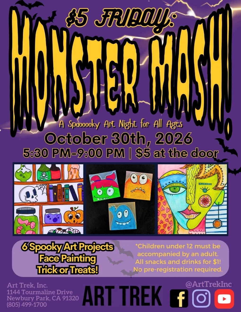 Monster Mash is back! 🥳 Join us TOMORROW, October 30th, for our rescheduled $5 Friday date! This will be an extra special $5 Friday jam-packed with SIX art projects, trick-or-treating, face paint, and MORE! 

👻 Fun for all ages&mdash; bring friends