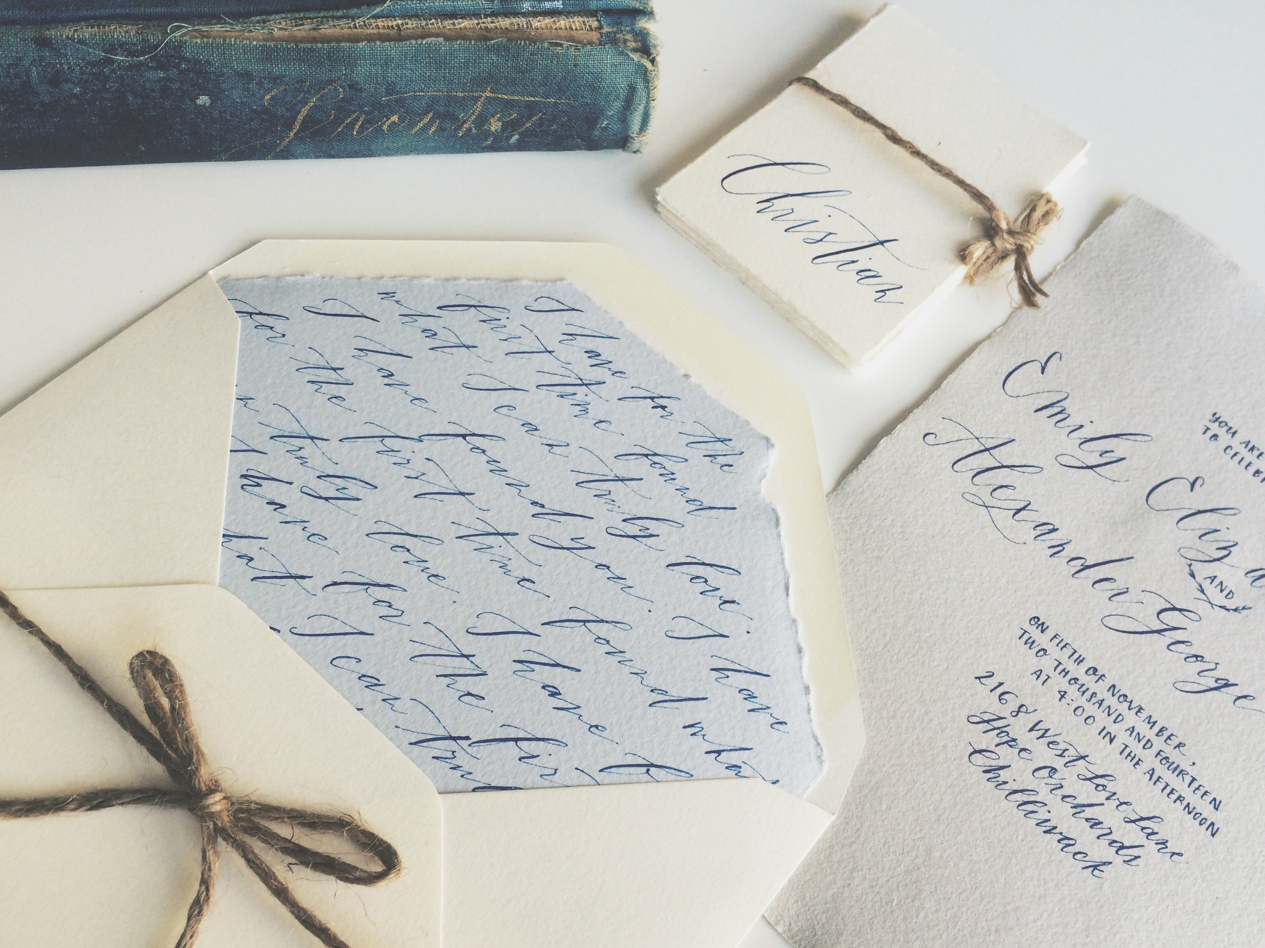  Something for the literary couples, this was made for an elopement shoot to echo pale blue hues and gold tones. Gouache paint. Calligraphy and photo by  Fox and Flourish . All handmade paper from Paper-Ya. 